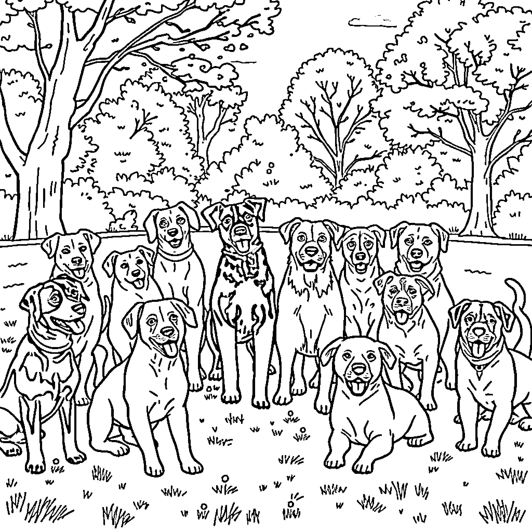 Dog pack exploring the forest Coloring Page (free black-and-white line drawing printable PDF for all, from beginners to advanced learners, including children, teens, adults, and seniors)