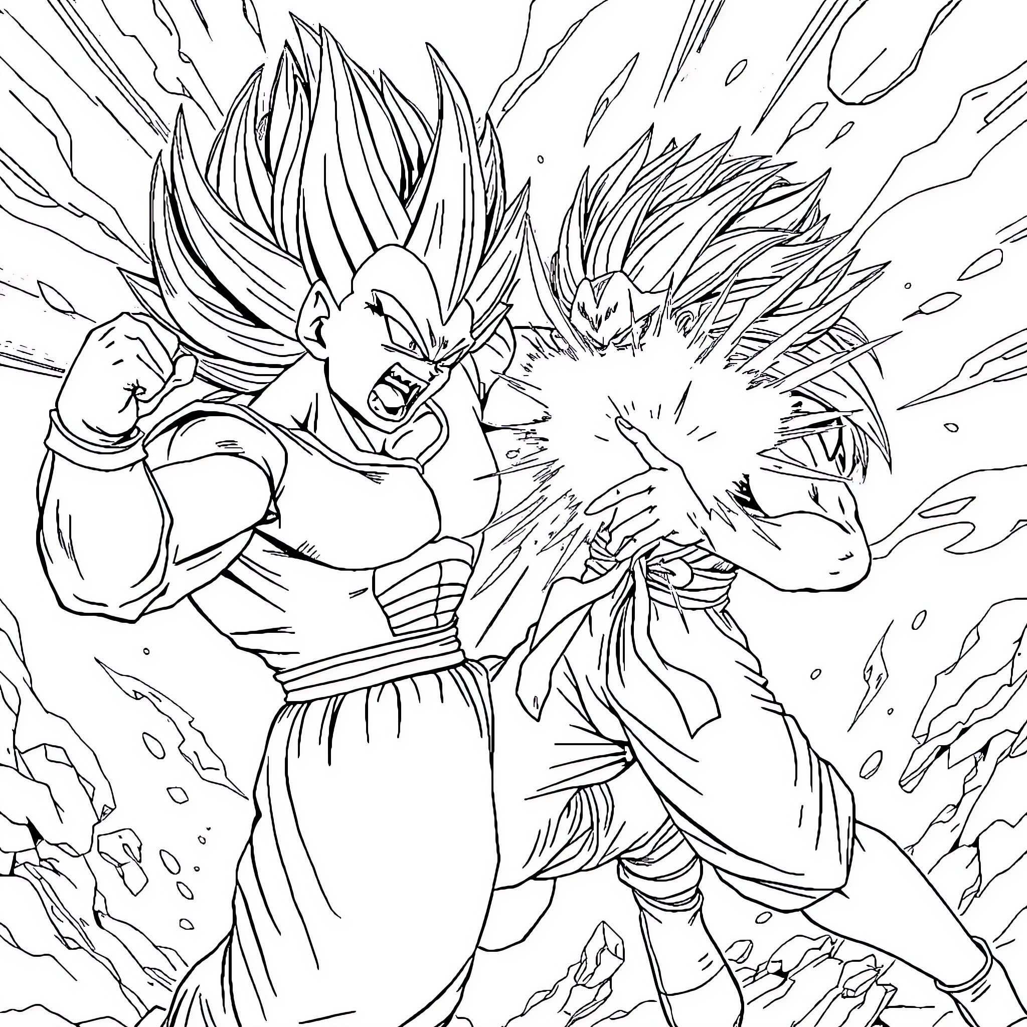 Vagita: Intense combat between powerful warriors Coloring Page (free black-and-white line drawing printable PDF for all, from beginners to advanced learners, including children, teens, adults, and seniors)