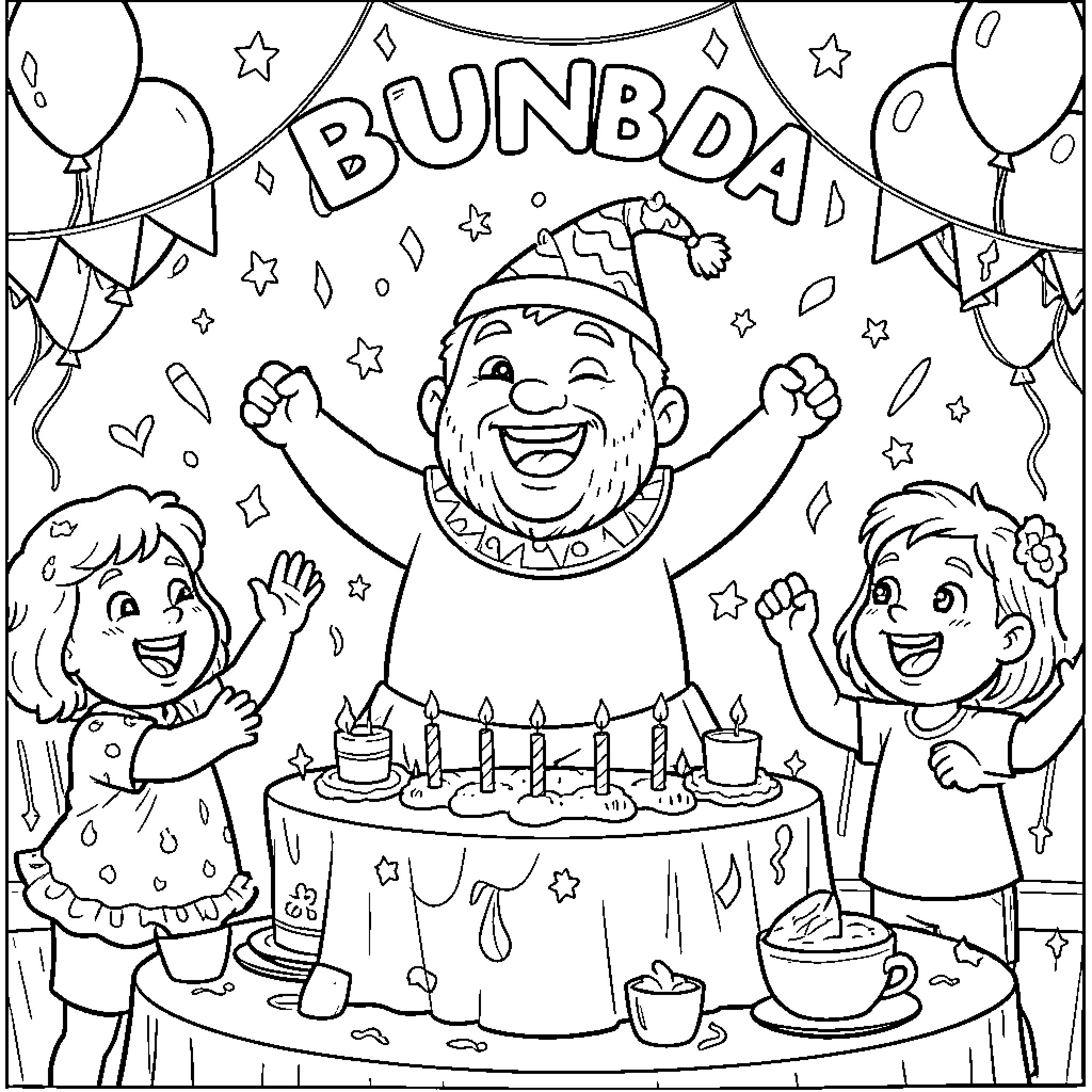 Bumba celebrating a birthday party with happy children Coloring Page (free black-and-white line drawing printable PDF for all, from beginners to advanced learners, including children, teens, adults, and seniors)