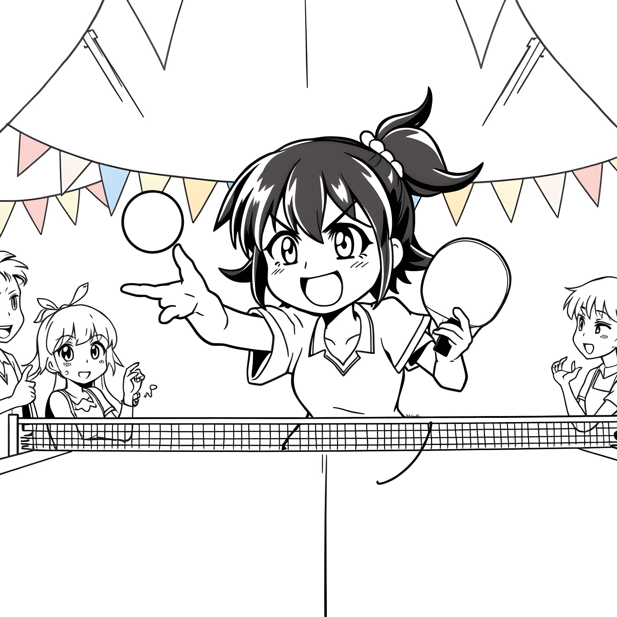 Kuromi enjoying a festive tennis match with friends Coloring Page (free black-and-white line drawing printable PDF for all, from beginners to advanced learners, including children, teens, adults, and seniors)