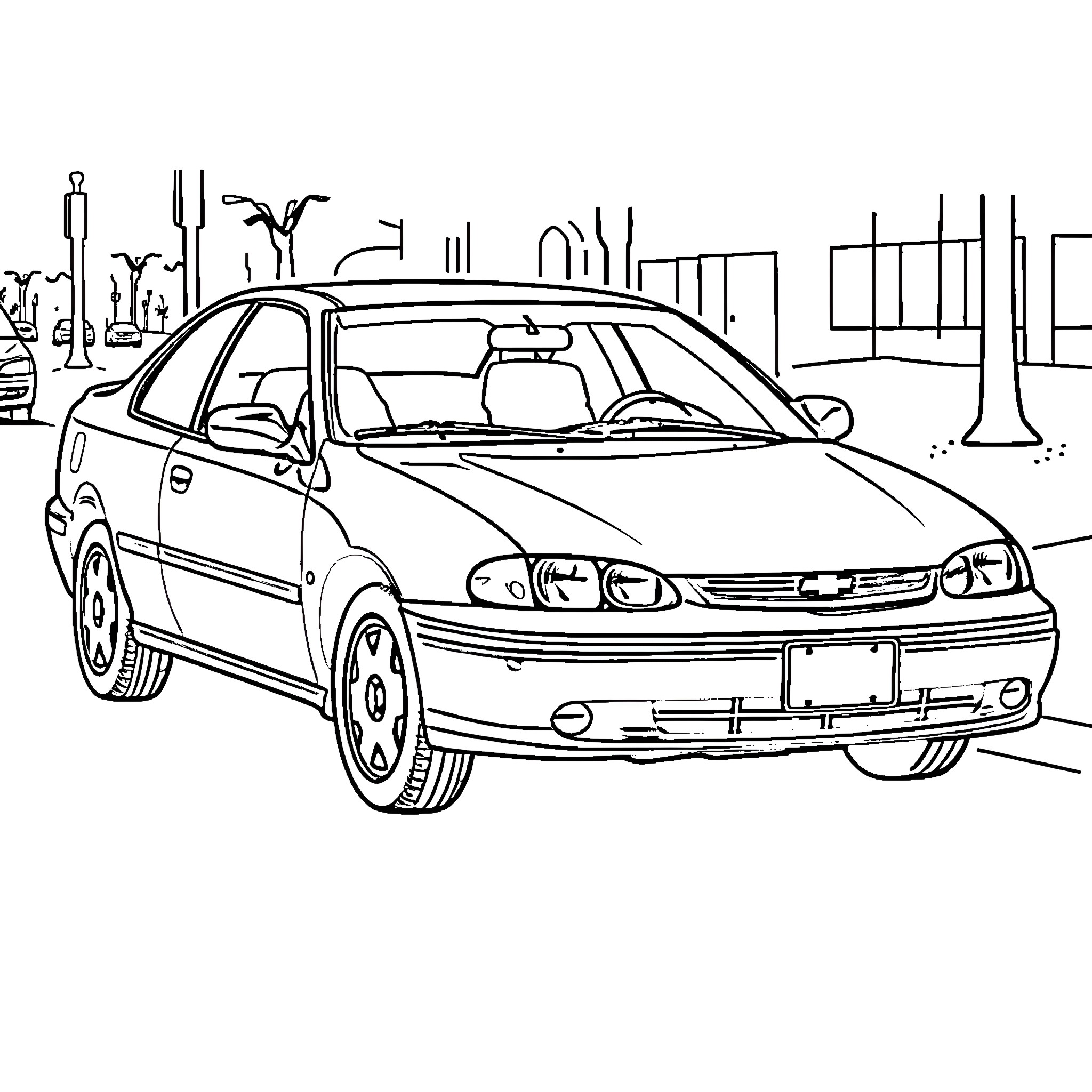 Chevy Cavalier Parked on City Street Coloring Page (free black-and-white line drawing printable PDF for all, from beginners to advanced learners, including children, teens, adults, and seniors)