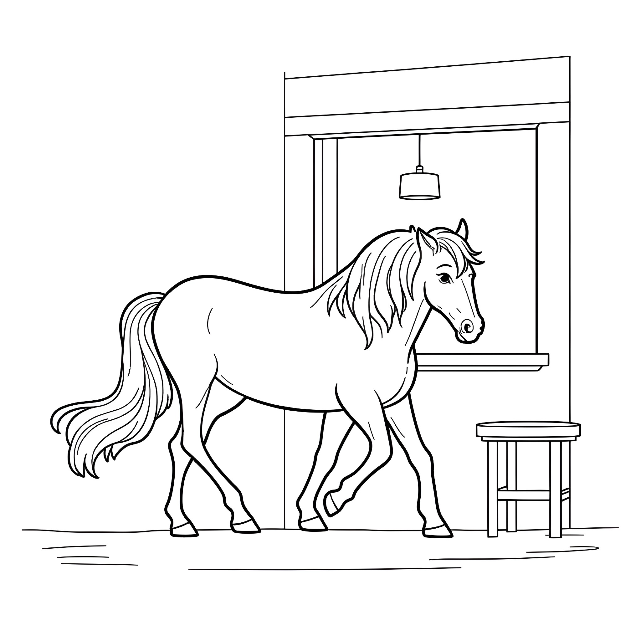 Horse standing in a room with furniture Coloring Page (free black-and-white line drawing printable PDF for all, from beginners to advanced learners, including children, teens, adults, and seniors)