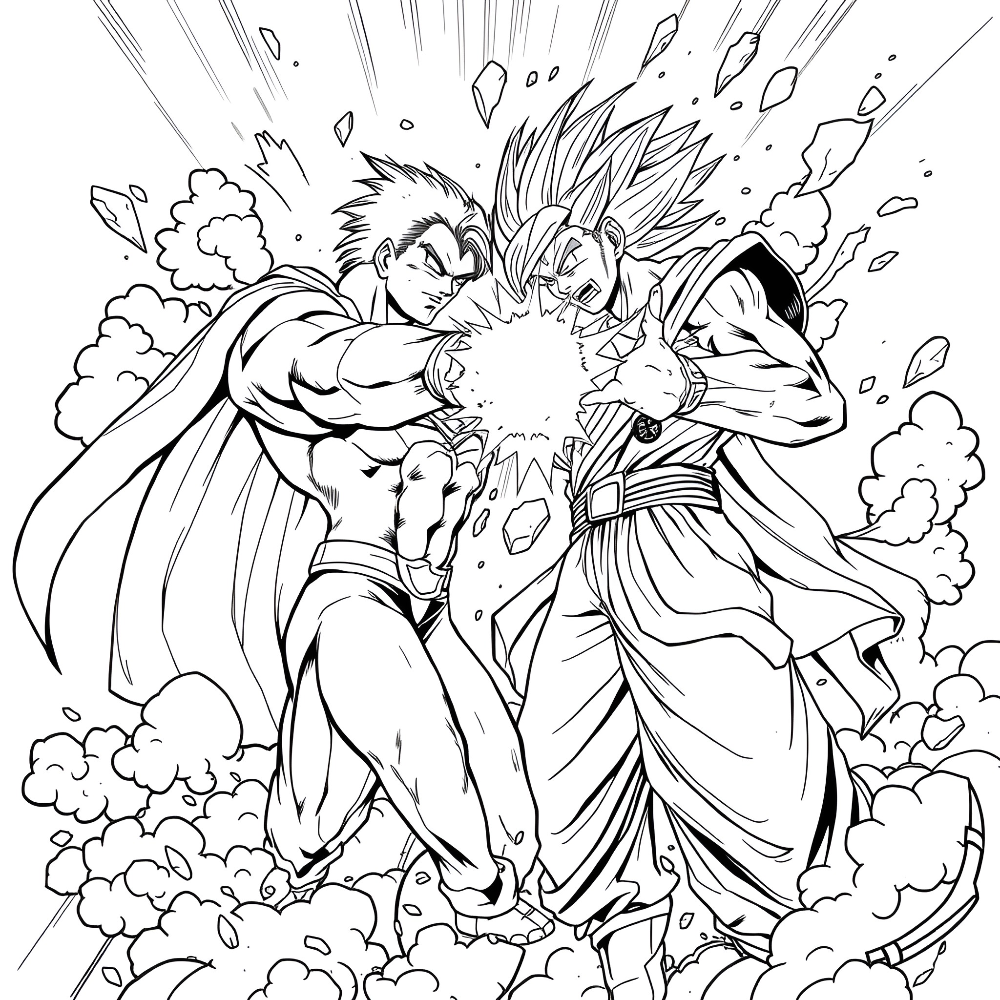 Superman-inspired characters battling with intense expressions Coloring Page (free black-and-white line drawing printable PDF for all, from beginners to advanced learners, including children, teens, adults, and seniors)