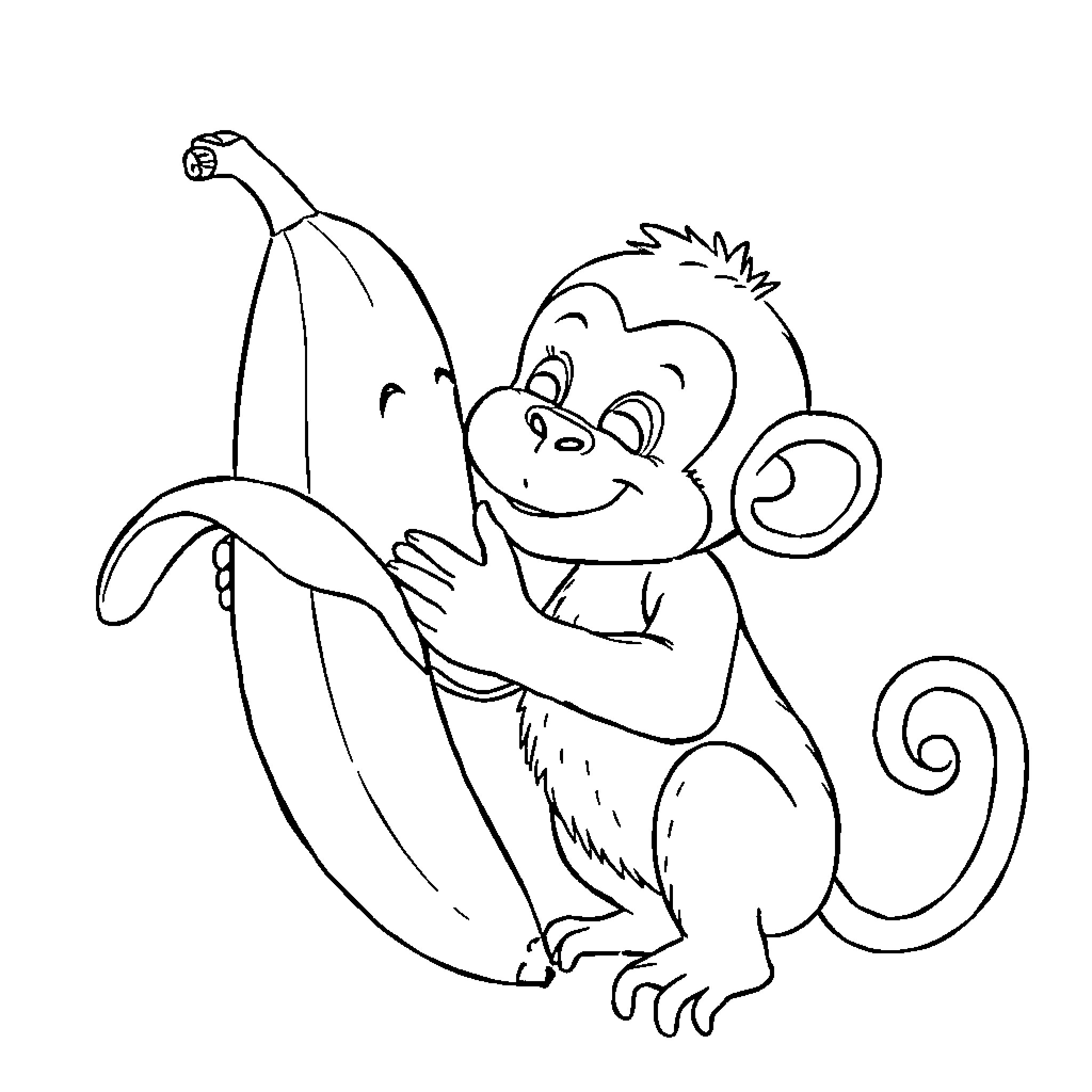 Plátano the Playful Monkey with Banana Coloring Page (free black-and-white line drawing printable PDF for all, from beginners to advanced learners, including children, teens, adults, and seniors)