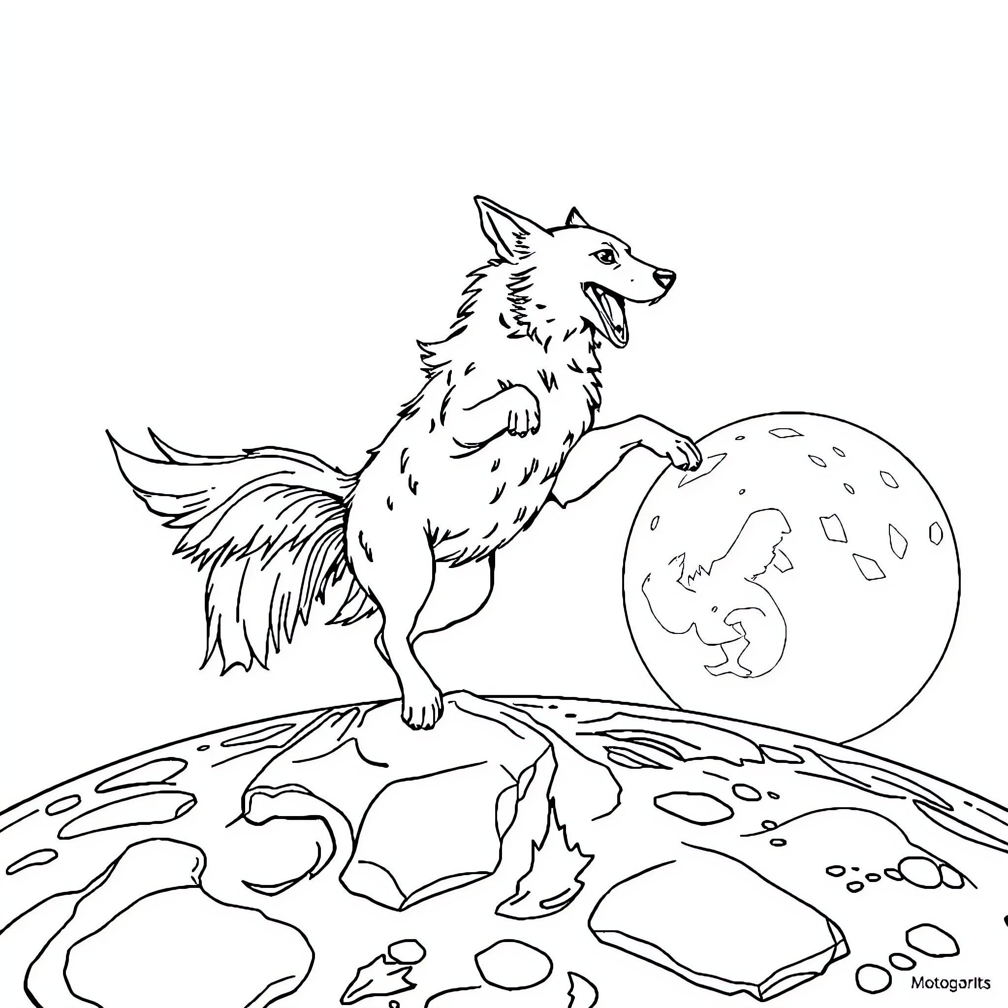Perro howling at the moon Coloring Page (free black-and-white line drawing printable PDF for all, from beginners to advanced learners, including children, teens, adults, and seniors)