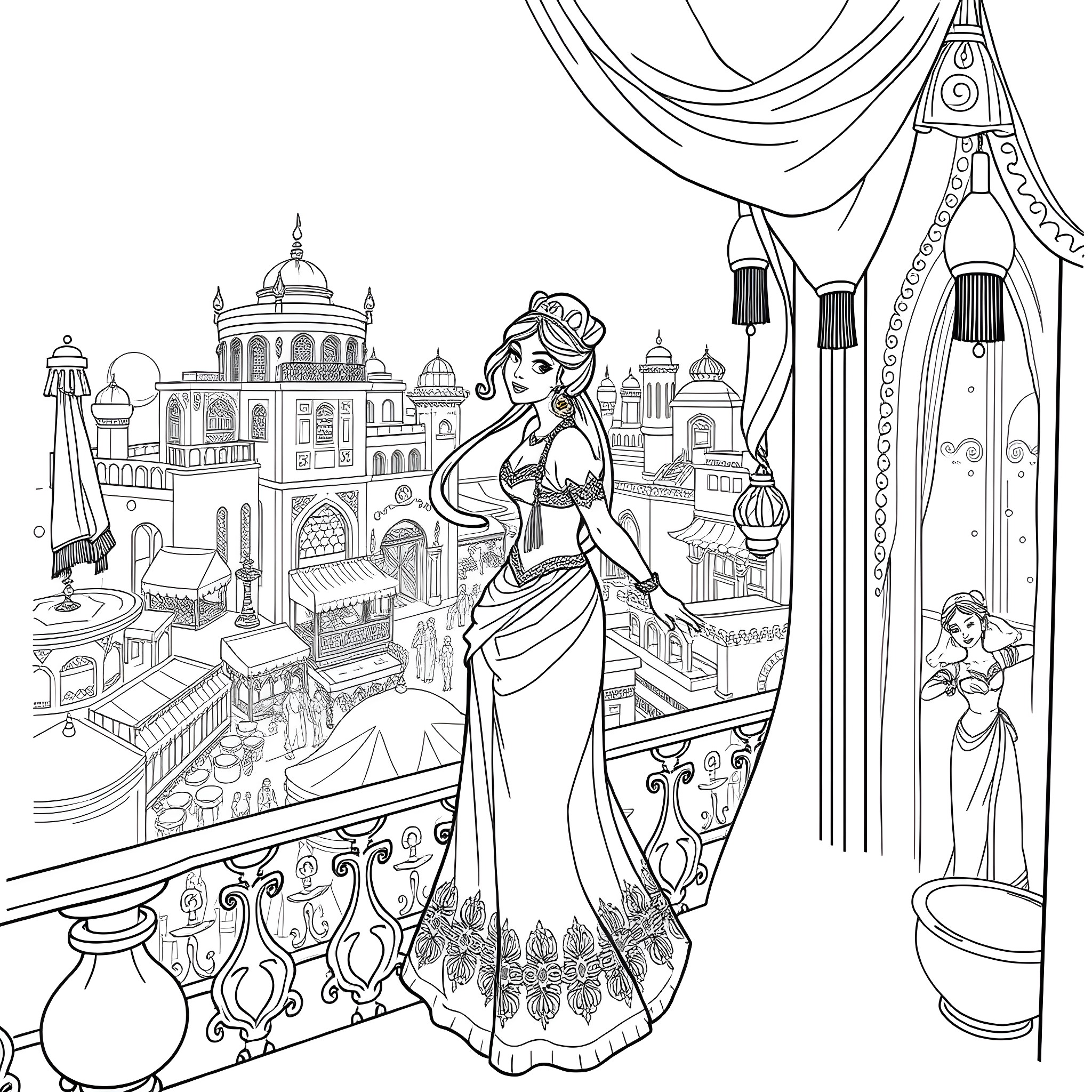 Jasmine admiring the beautiful city from her palace balcony Coloring Page (free black-and-white line drawing printable PDF for all, from beginners to advanced learners, including children, teens, adults, and seniors)