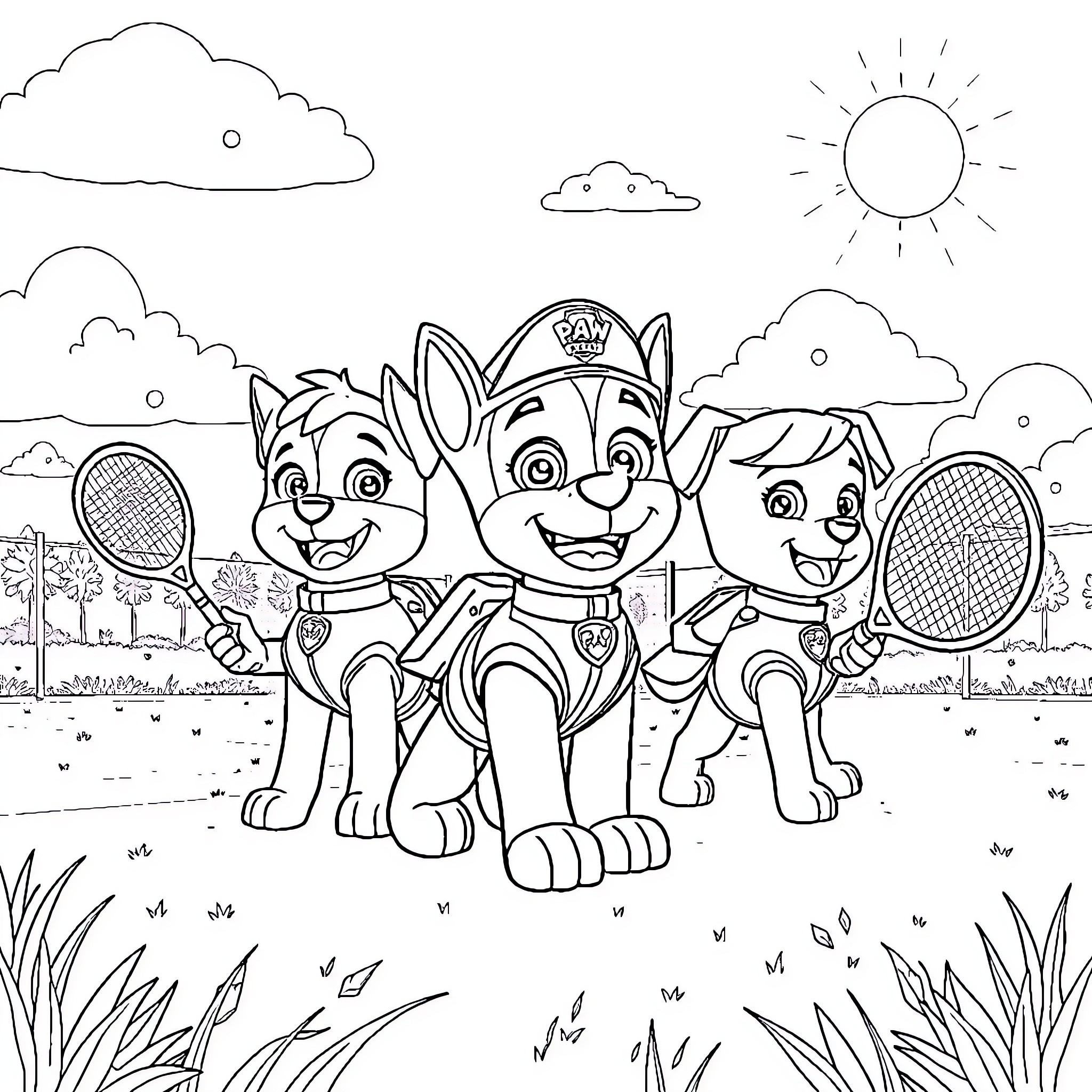 Paw Patrol pups playing tennis in the park Coloring Page (free black-and-white line drawing printable PDF for all, from beginners to advanced learners, including children, teens, adults, and seniors)