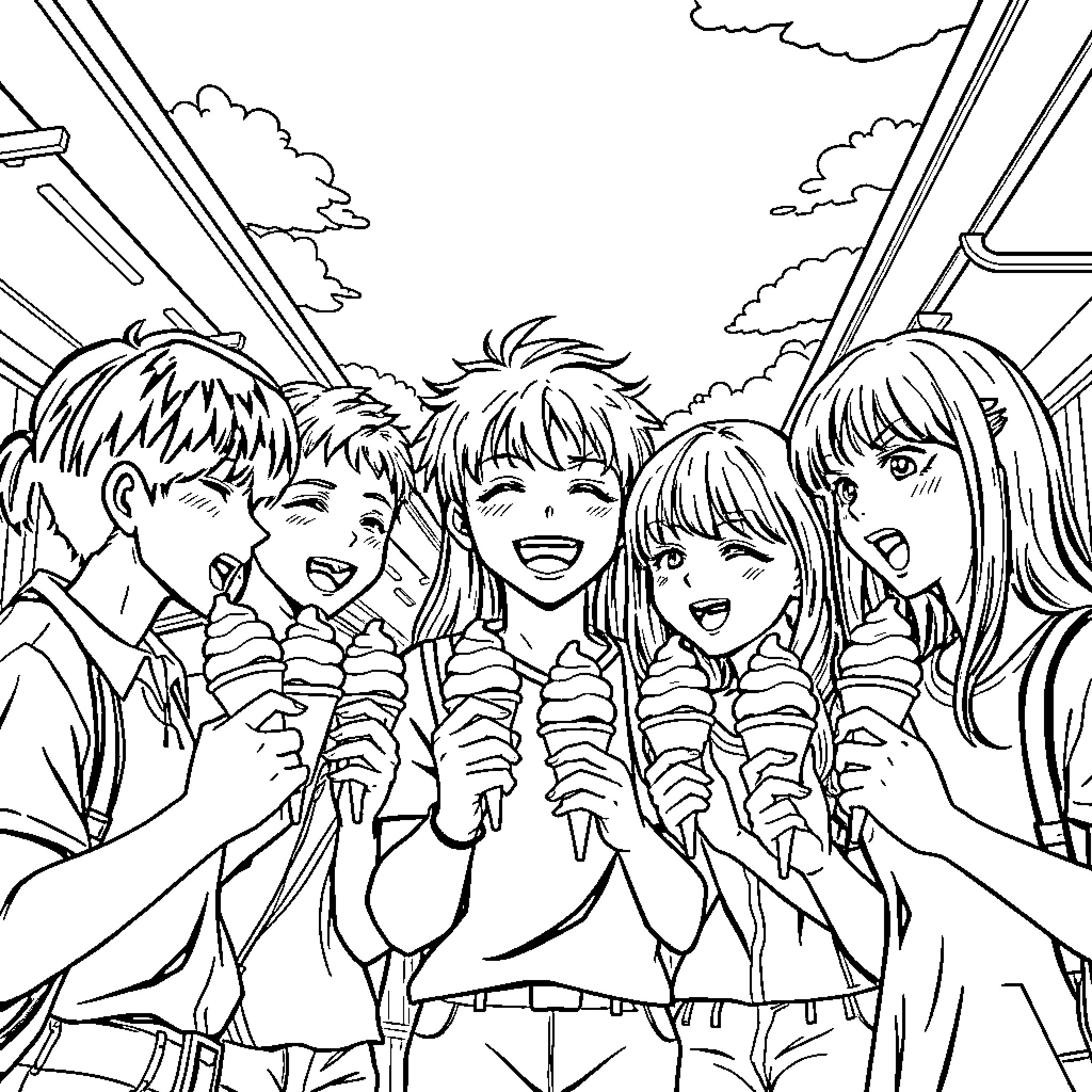 Manga group of friends enjoying ice cream outdoors Coloring Page (free black-and-white line drawing printable PDF for all, from beginners to advanced learners, including children, teens, adults, and seniors)