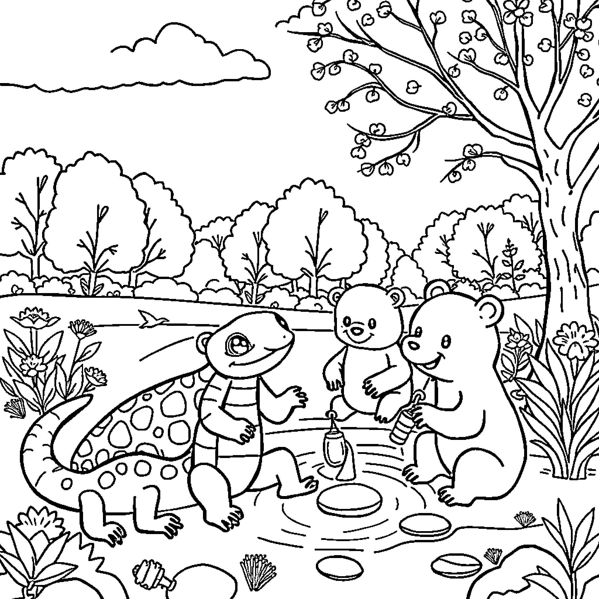 Salamander friends enjoying nature's scenery Coloring Page (free black-and-white line drawing printable PDF for all, from beginners to advanced learners, including children, teens, adults, and seniors)
