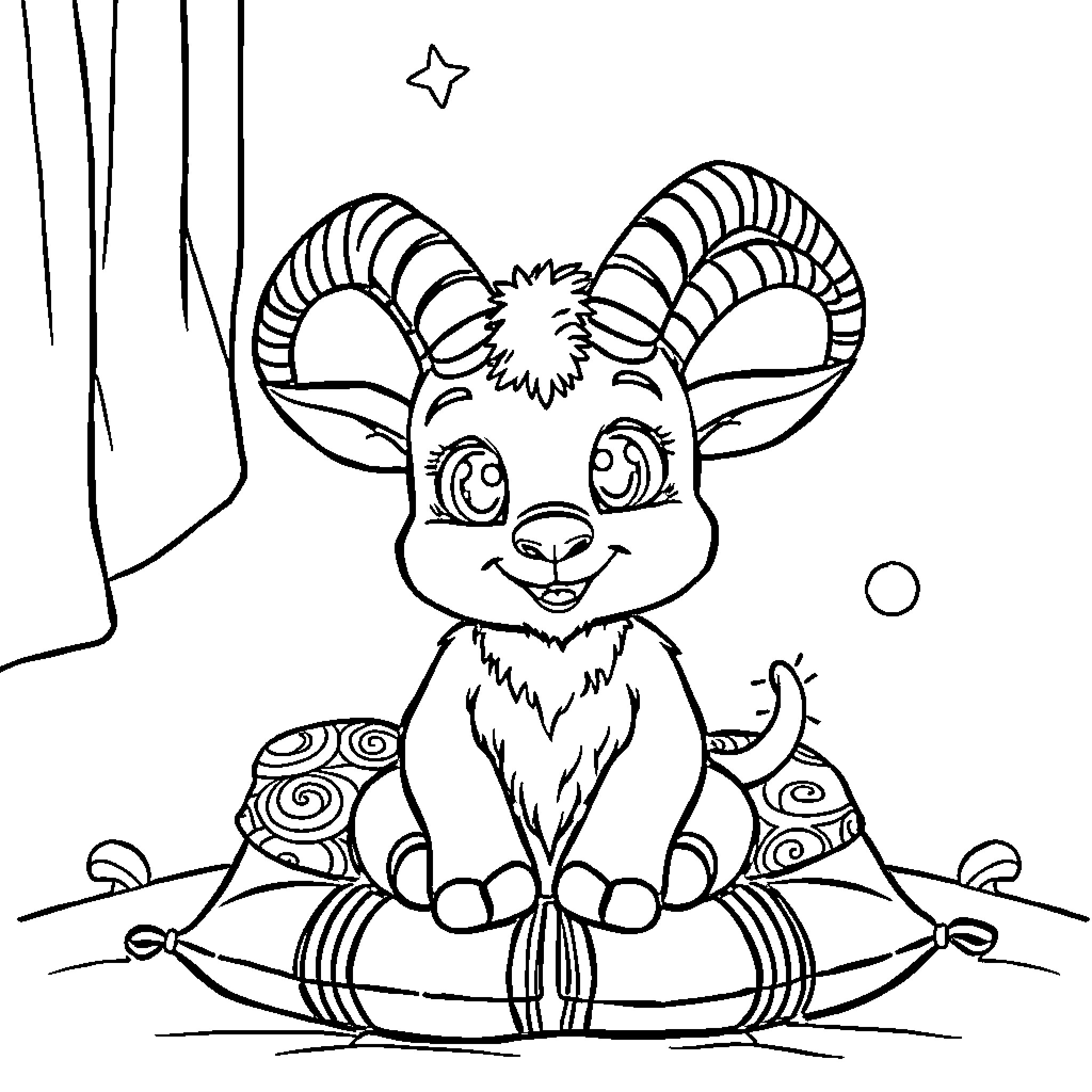 Baphomet character in meditation pose on boat Coloring Page (free black-and-white line drawing printable PDF for all, from beginners to advanced learners, including children, teens, adults, and seniors)