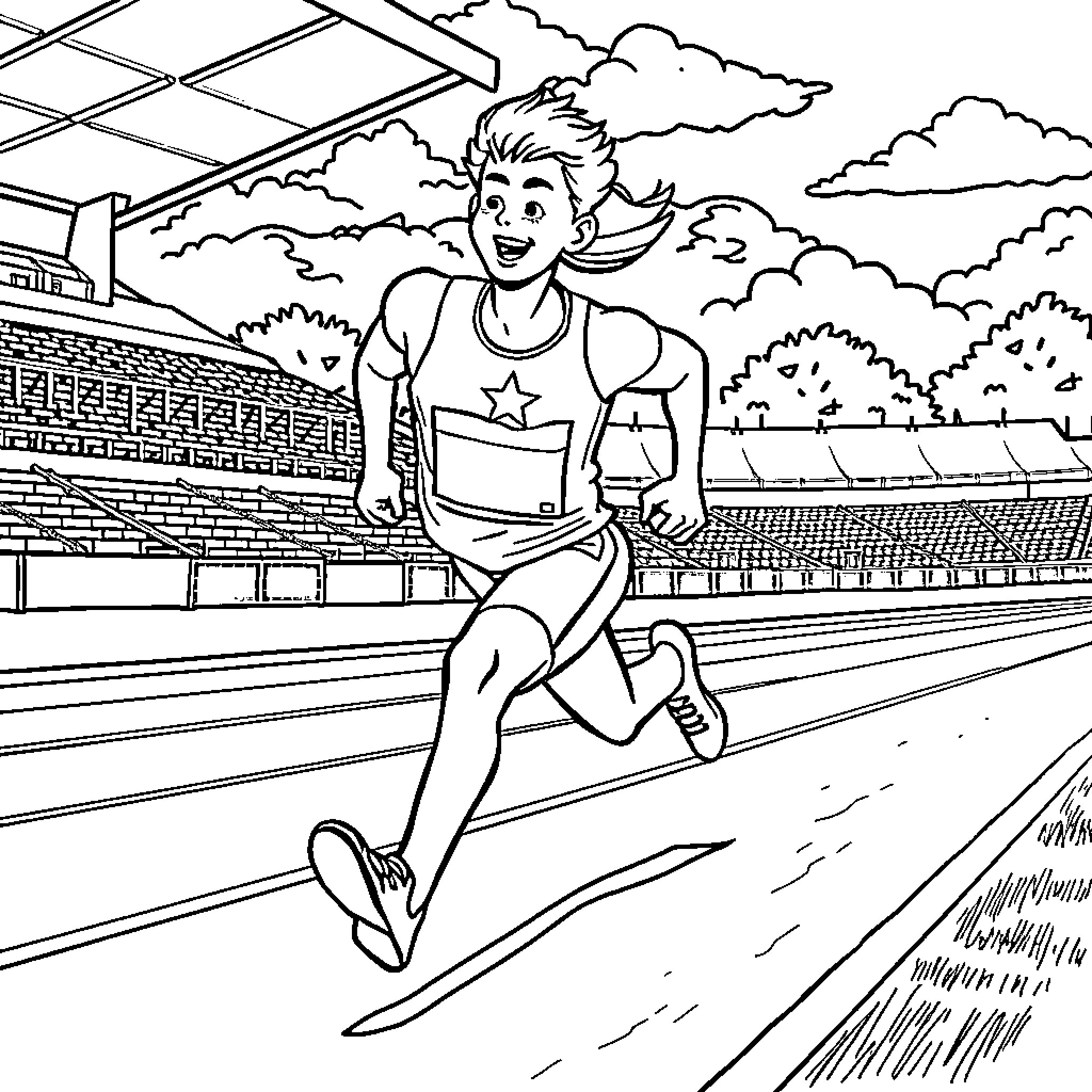 Track Star Running Enthusiastically on Stadium Track Coloring Page (free black-and-white line drawing printable PDF for all, from beginners to advanced learners, including children, teens, adults, and seniors)
