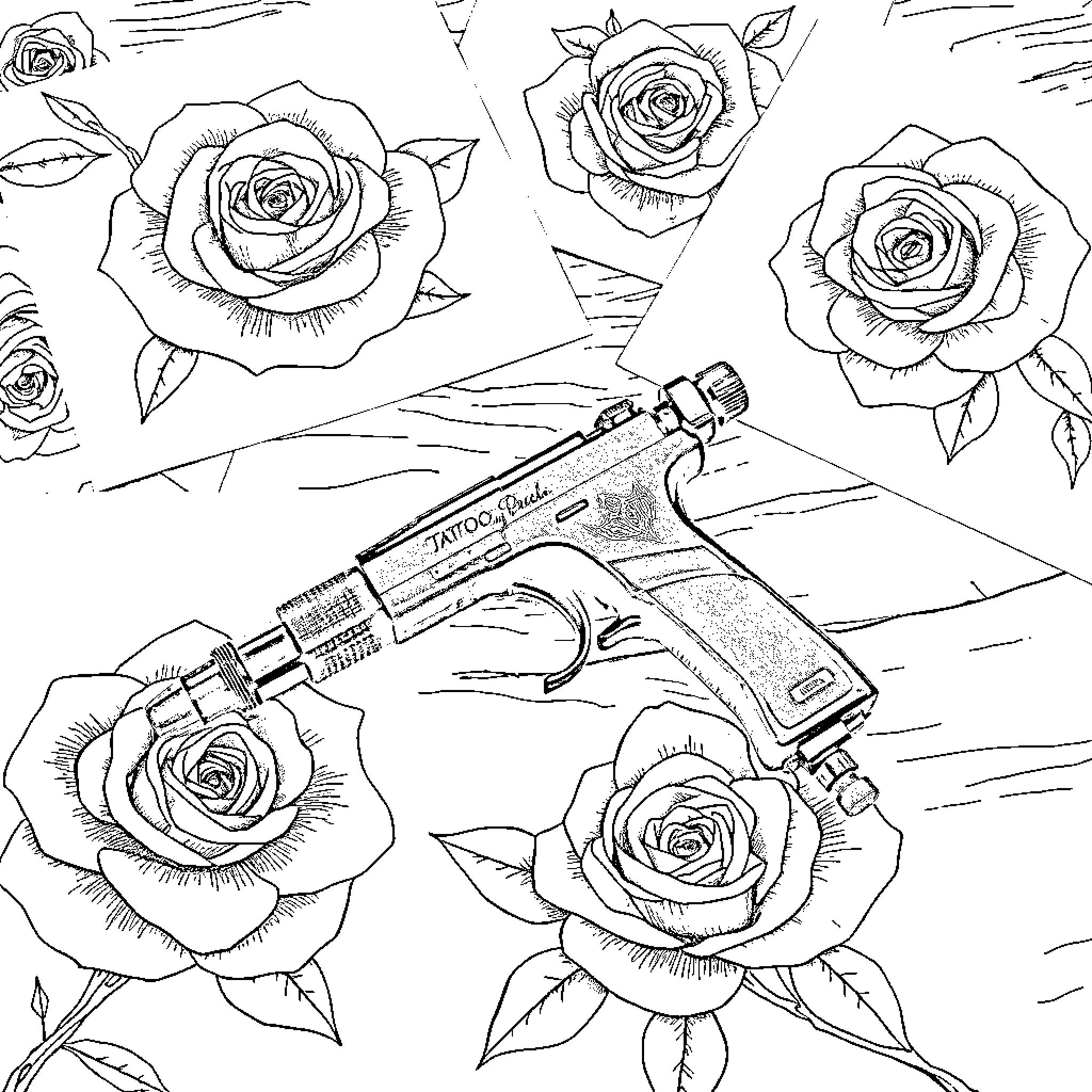 Tattoo Gun with Intricate Rose Designs Coloring Page (free black-and-white line drawing printable PDF for all, from beginners to advanced learners, including children, teens, adults, and seniors)