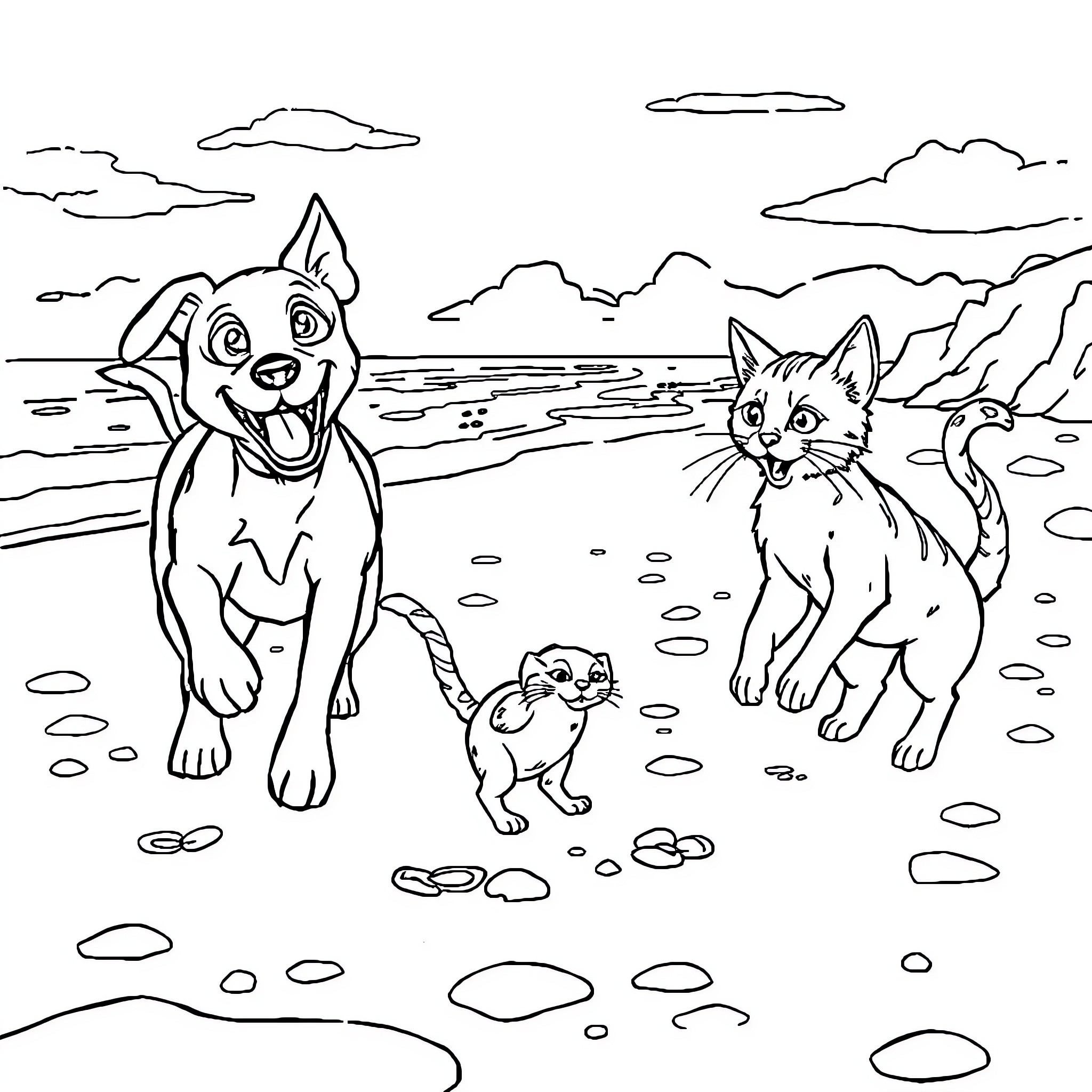 Perro y gato jugando en la playa Coloring Page (free black-and-white line drawing printable PDF for all, from beginners to advanced learners, including children, teens, adults, and seniors)