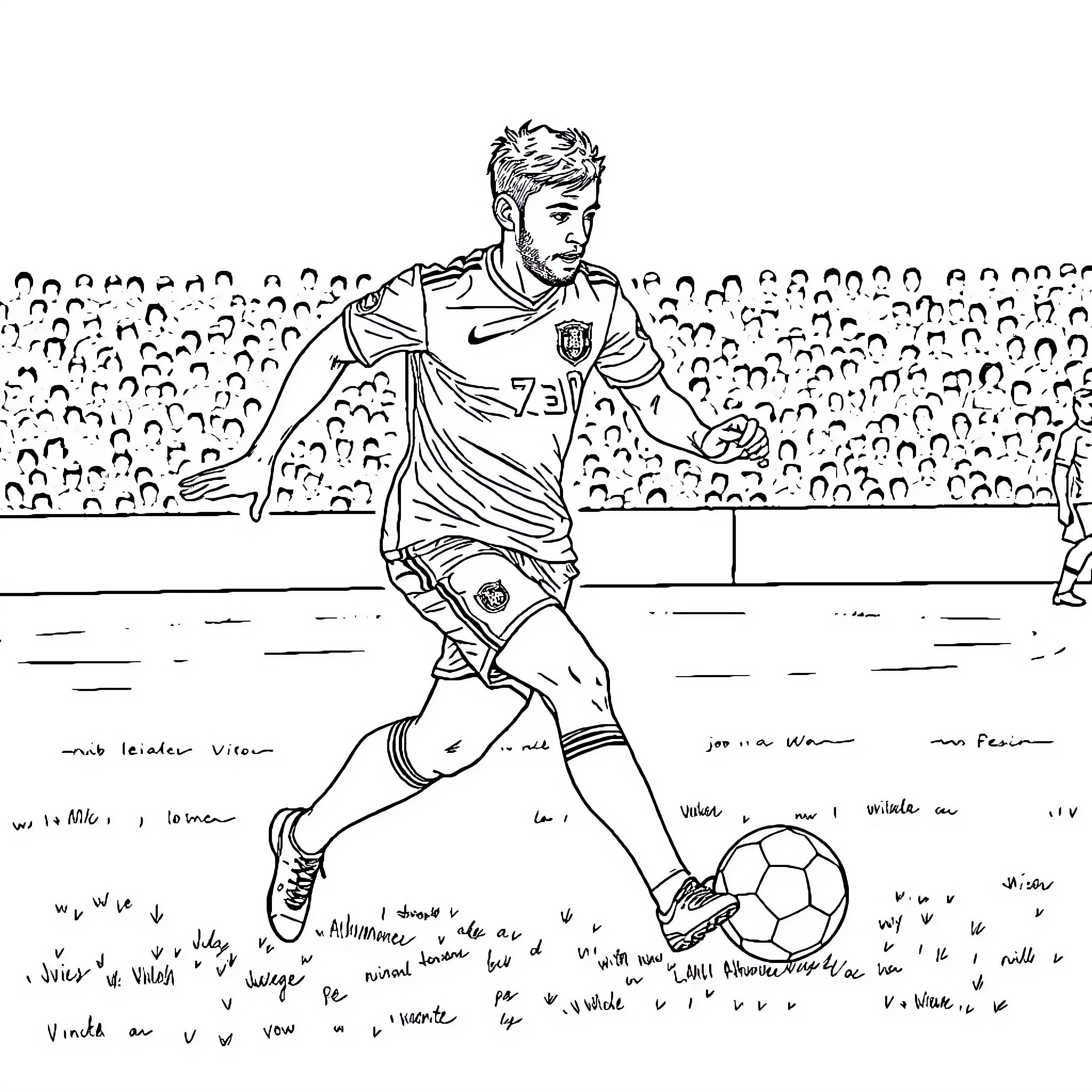 João Felix playing soccer in a stadium Coloring Page (free black-and-white line drawing printable PDF for all, from beginners to advanced learners, including children, teens, adults, and seniors)
