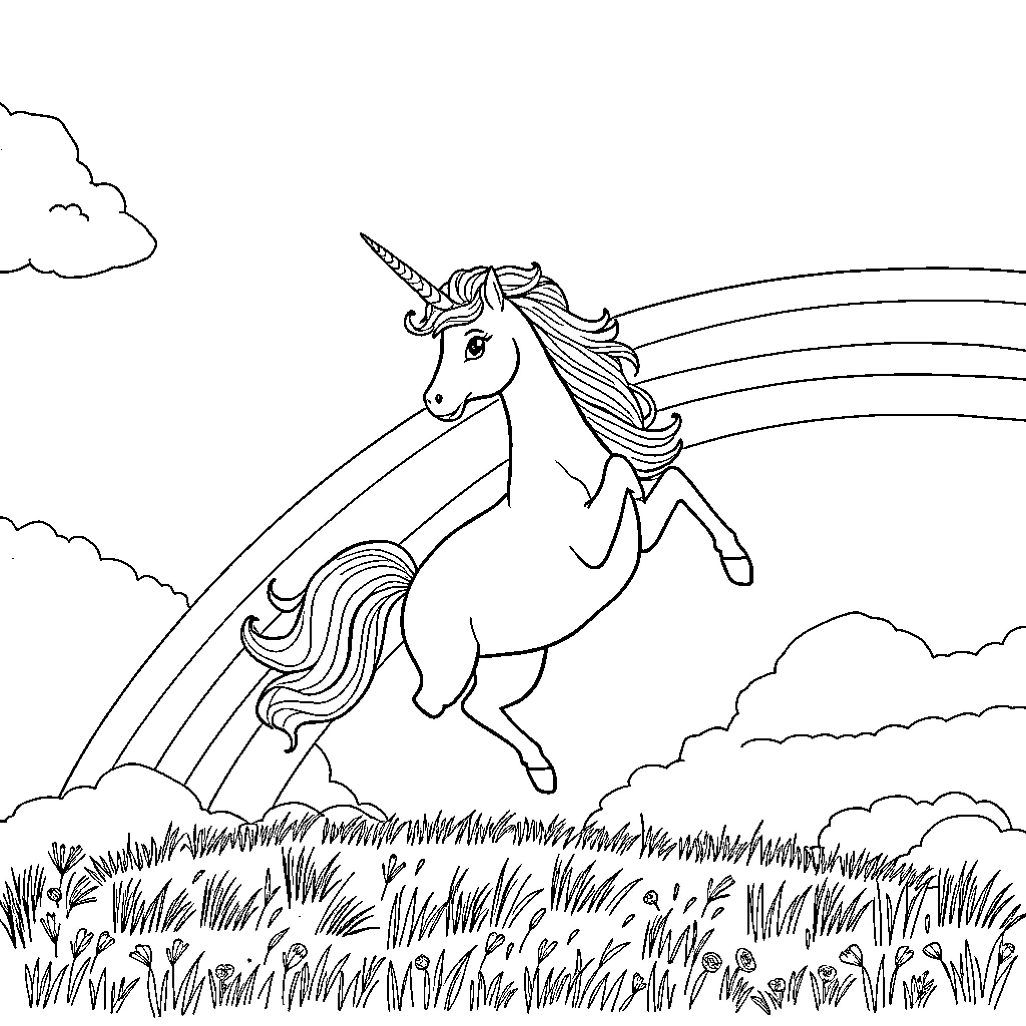 Unicorn galloping across the meadow Coloring Page (free black-and-white line drawing printable PDF for all, from beginners to advanced learners, including children, teens, adults, and seniors)