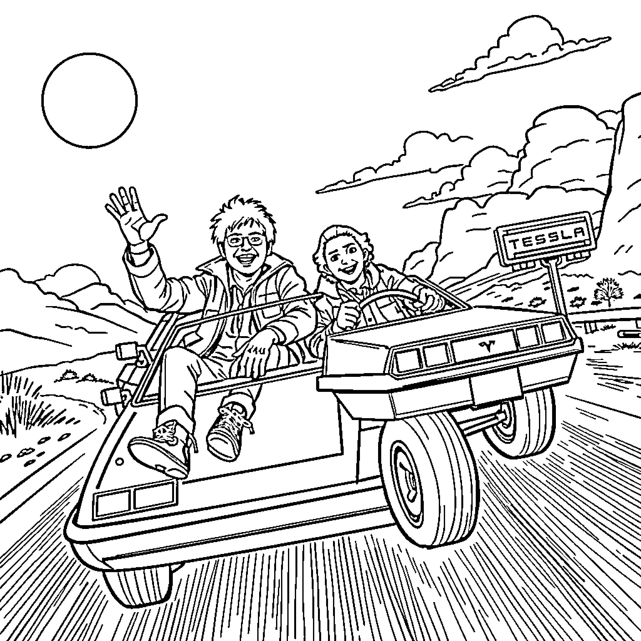 Marty and friends explore the open road in a vehicle Coloring Page (free black-and-white line drawing printable PDF for all, from beginners to advanced learners, including children, teens, adults, and seniors)