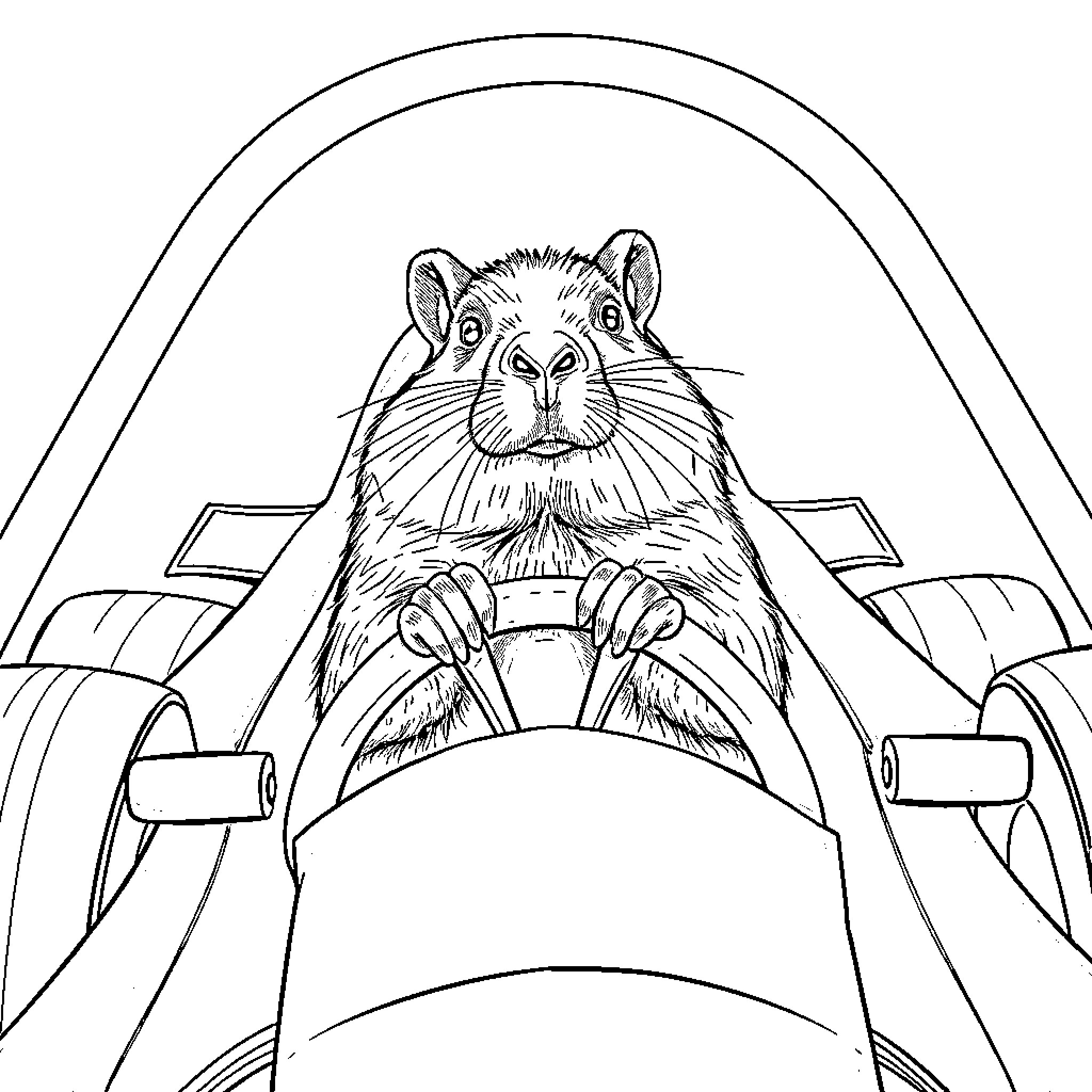 Capybara driving a sports car Coloring Page (free black-and-white line drawing printable PDF for all, from beginners to advanced learners, including children, teens, adults, and seniors)