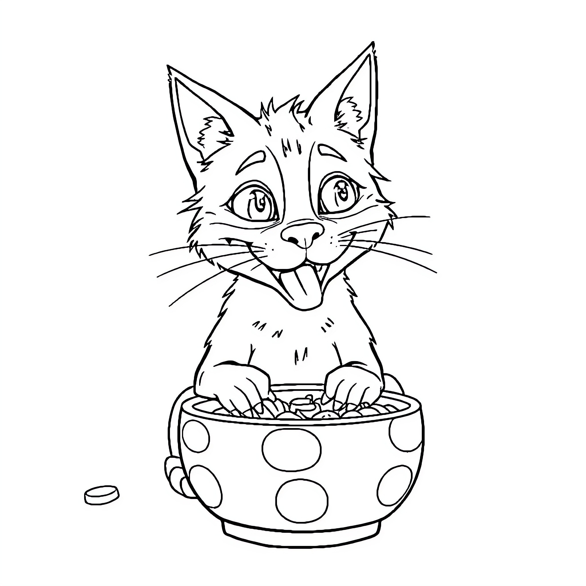 Cat-Dog Playing in Polka Dot Bowl Coloring Page (free black-and-white line drawing printable PDF for all, from beginners to advanced learners, including children, teens, adults, and seniors)