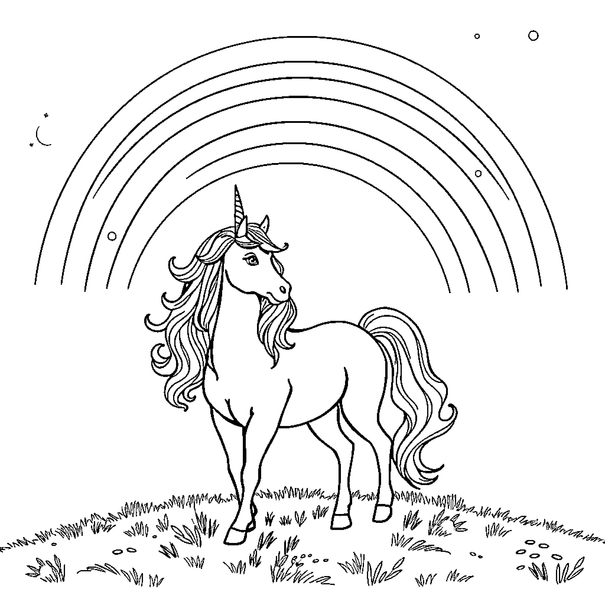Unicorn prancing joyfully amidst a whimsical rainbow Coloring Page (free black-and-white line drawing printable PDF for all, from beginners to advanced learners, including children, teens, adults, and seniors)