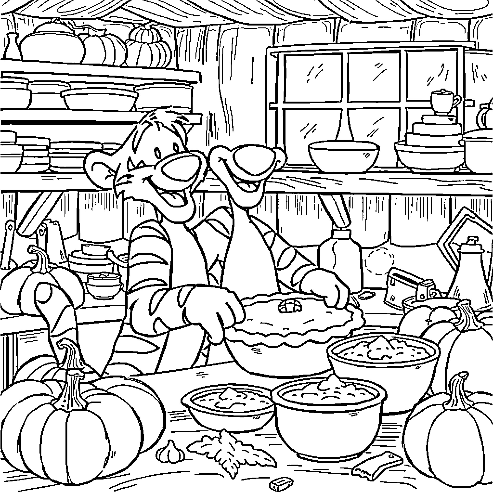 Tigger Baking Delightful Treats in the Kitchen Coloring Page (free black-and-white line drawing printable PDF for all, from beginners to advanced learners, including children, teens, adults, and seniors)