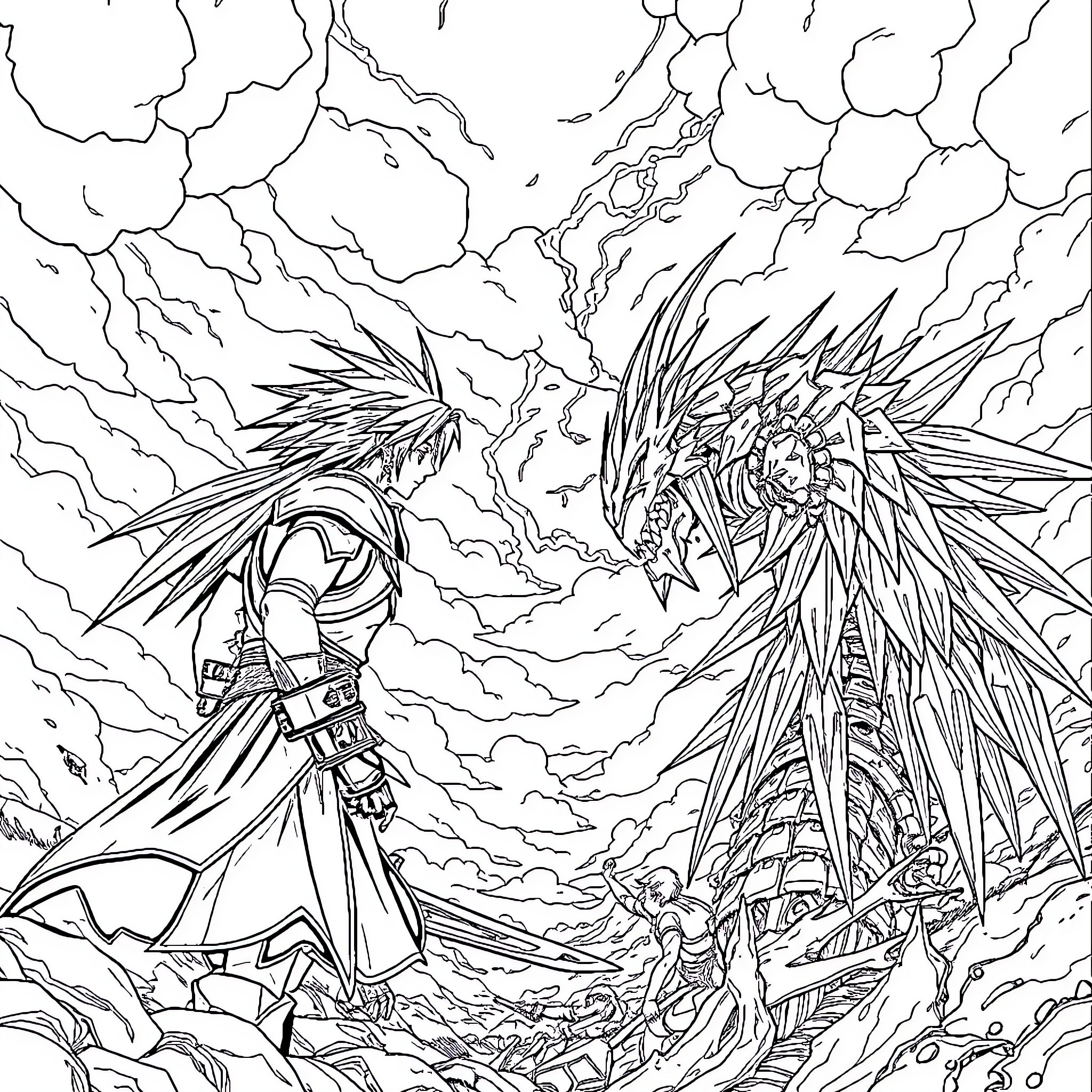 Cloud Strife facing a powerful enemy in a stormy scene Coloring Page (free black-and-white line drawing printable PDF for all, from beginners to advanced learners, including children, teens, adults, and seniors)