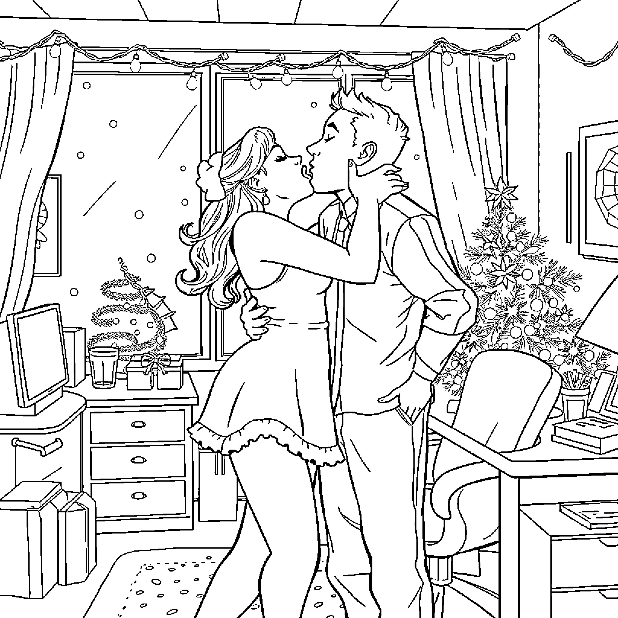 Girl and Boy Dancing in Festive Room Coloring Page (free black-and-white line drawing printable PDF for all, from beginners to advanced learners, including children, teens, adults, and seniors)