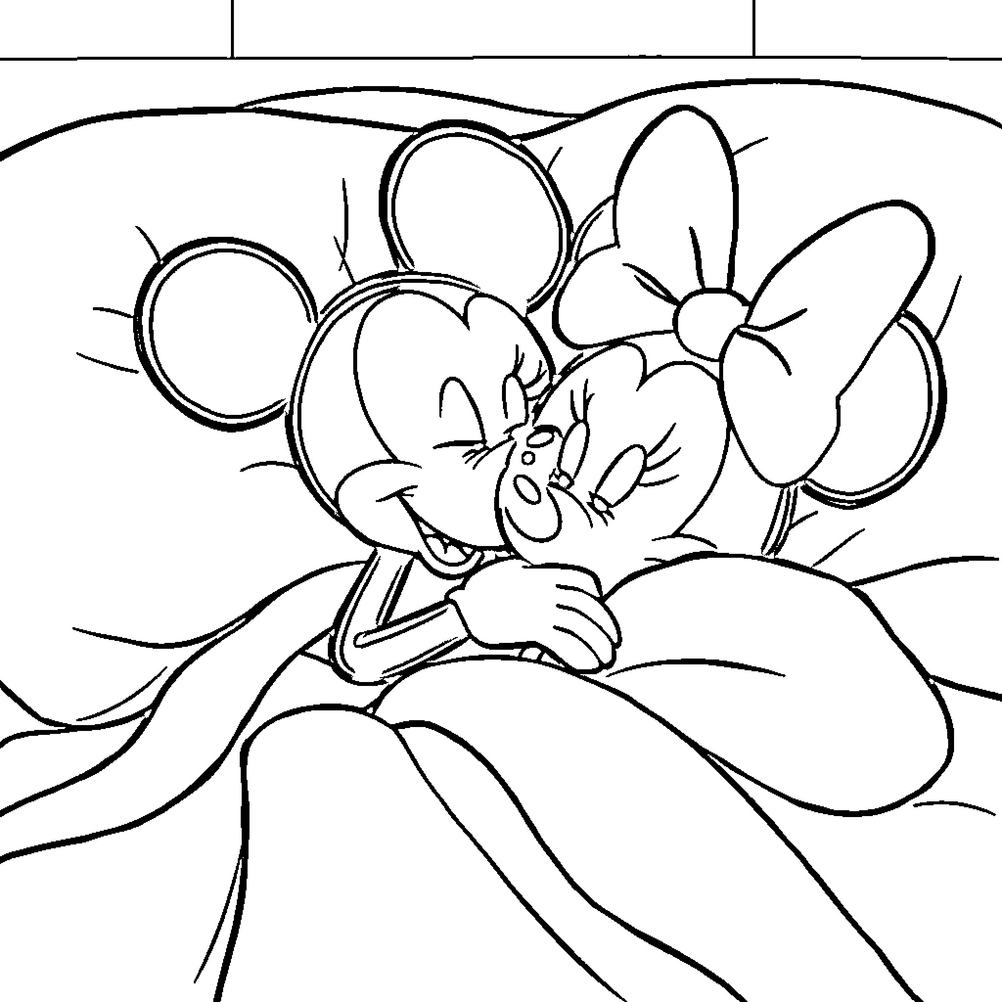 Mickey Mouse cuddling Minnie Mouse tenderly Coloring Page (free black-and-white line drawing printable PDF for all, from beginners to advanced learners, including children, teens, adults, and seniors)