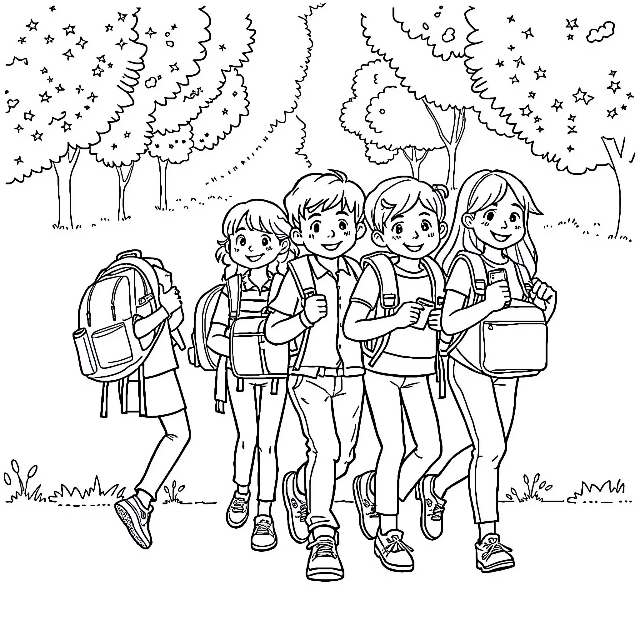 Back to School Group of Smiling Students Coloring Page (free black-and-white line drawing printable PDF for all, from beginners to advanced learners, including children, teens, adults, and seniors)