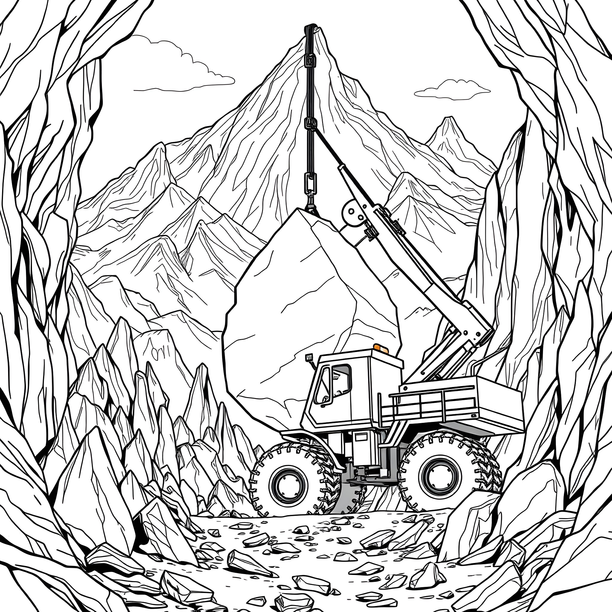 Construction Vehicle Traversing Rugged Mountain Terrain Coloring Page (free black-and-white line drawing printable PDF for all, from beginners to advanced learners, including children, teens, adults, and seniors)