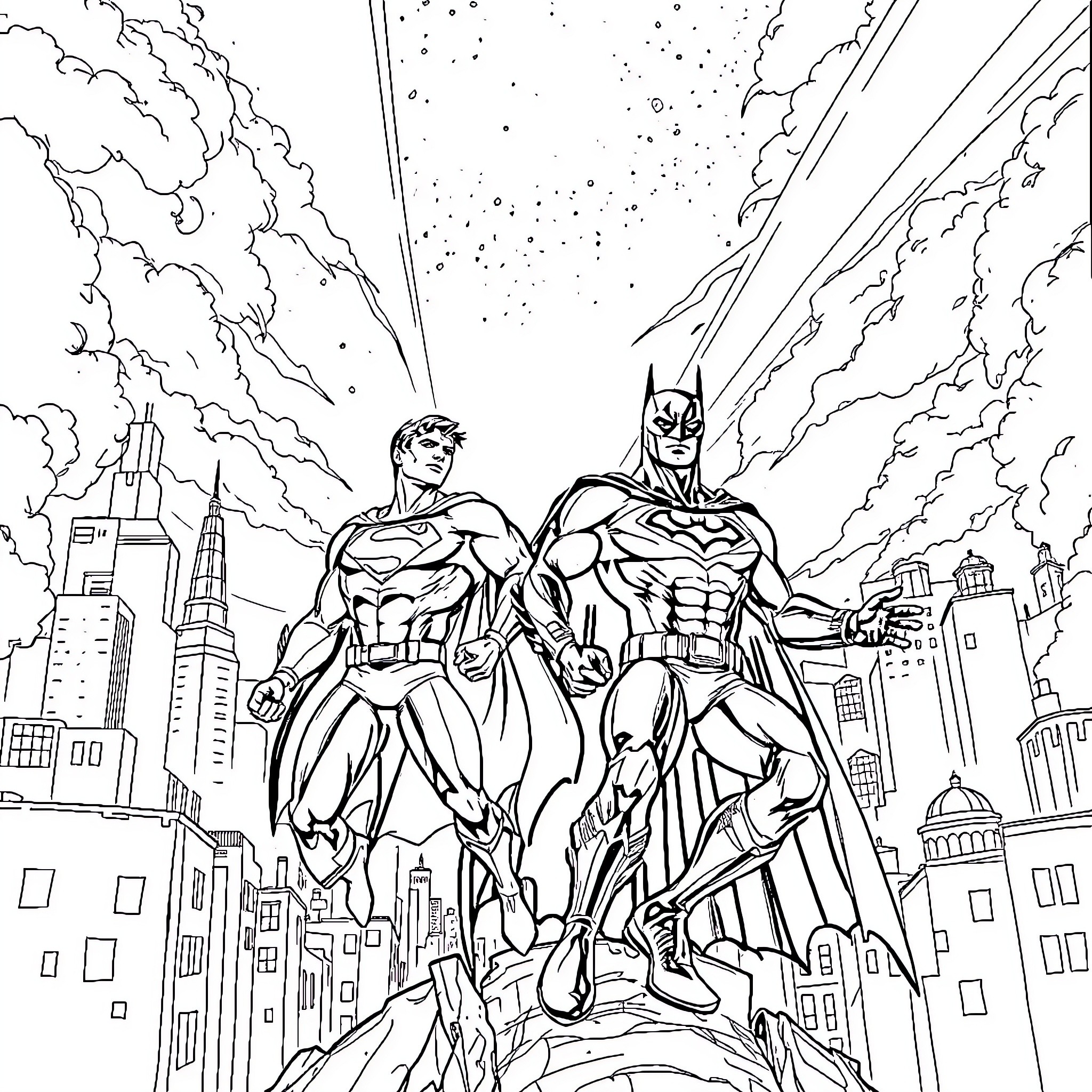 Superman and Batman heroically defending the city Coloring Page (free black-and-white line drawing printable PDF for all, from beginners to advanced learners, including children, teens, adults, and seniors)