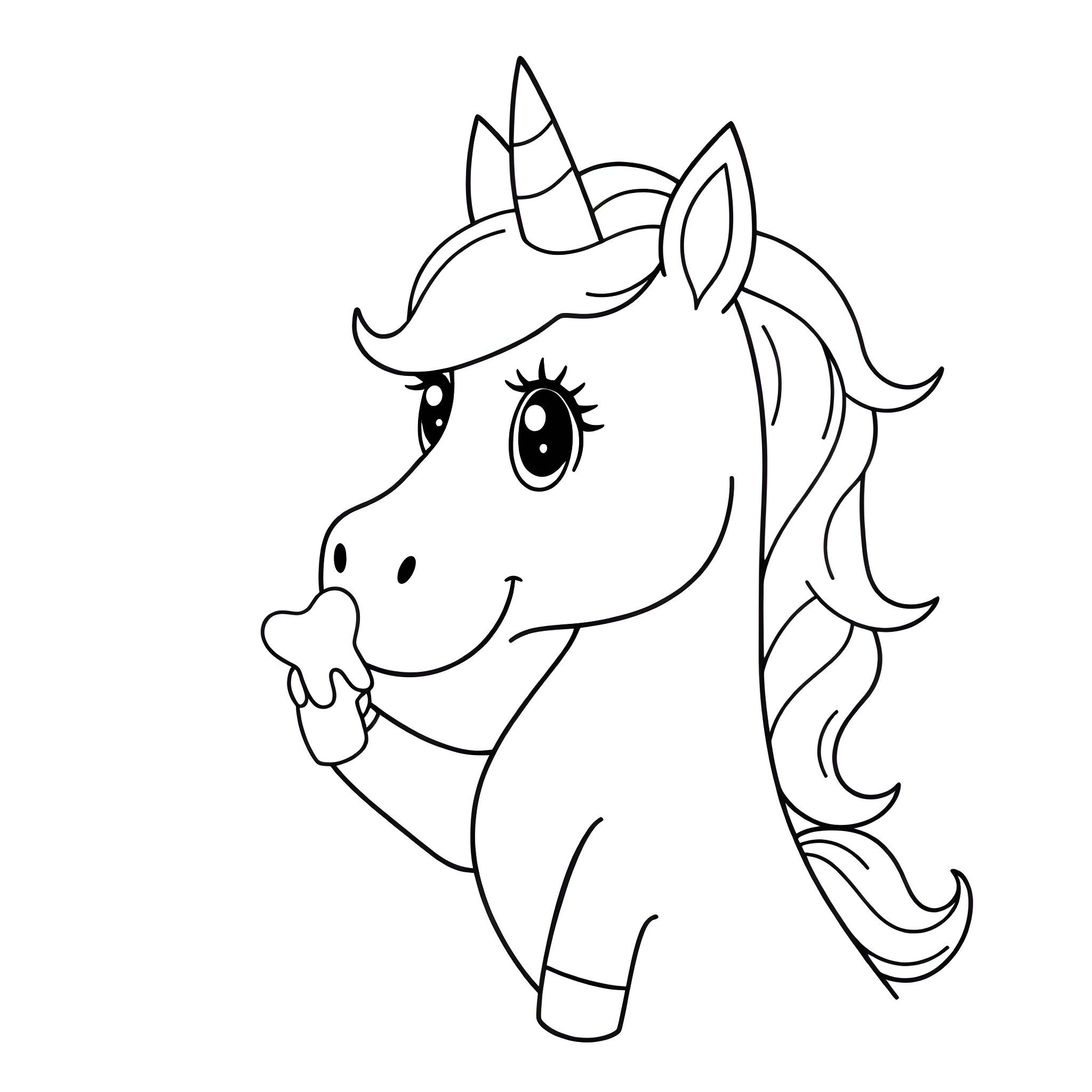 Unicorn happily waving at the viewer Coloring Page (free black-and-white line drawing printable PDF for all, from beginners to advanced learners, including children, teens, adults, and seniors)