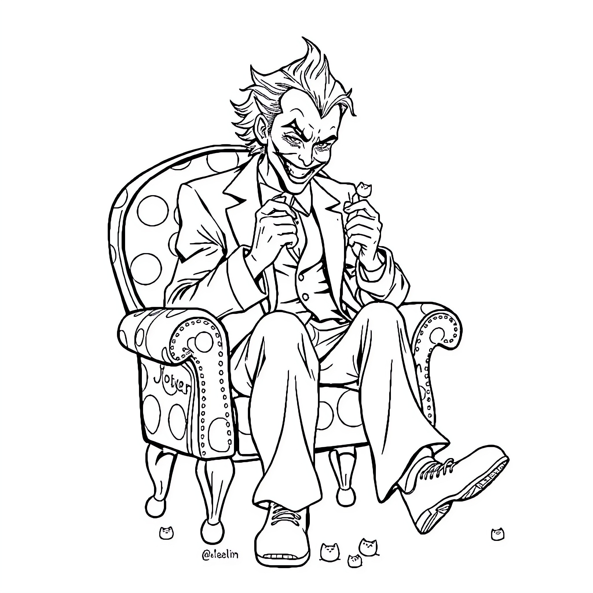 Joker sitting in a colorful armchair, scheming Coloring Page (free black-and-white line drawing printable PDF for all, from beginners to advanced learners, including children, teens, adults, and seniors)