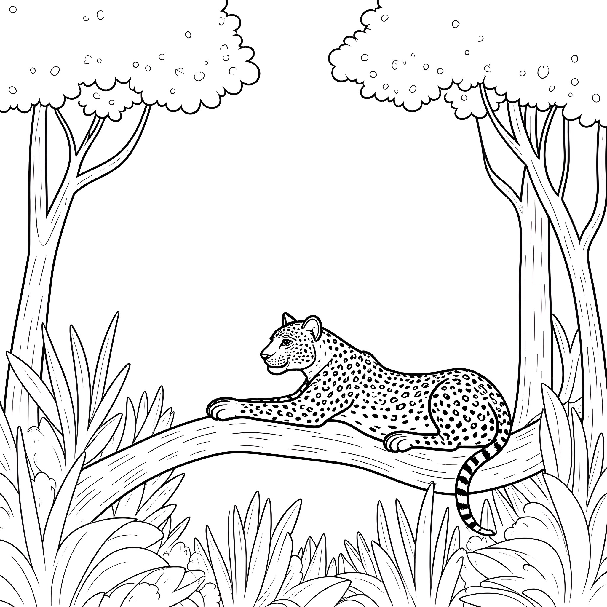 Leopard resting in the wilderness Coloring Page (free black-and-white line drawing printable PDF for all, from beginners to advanced learners, including children, teens, adults, and seniors)