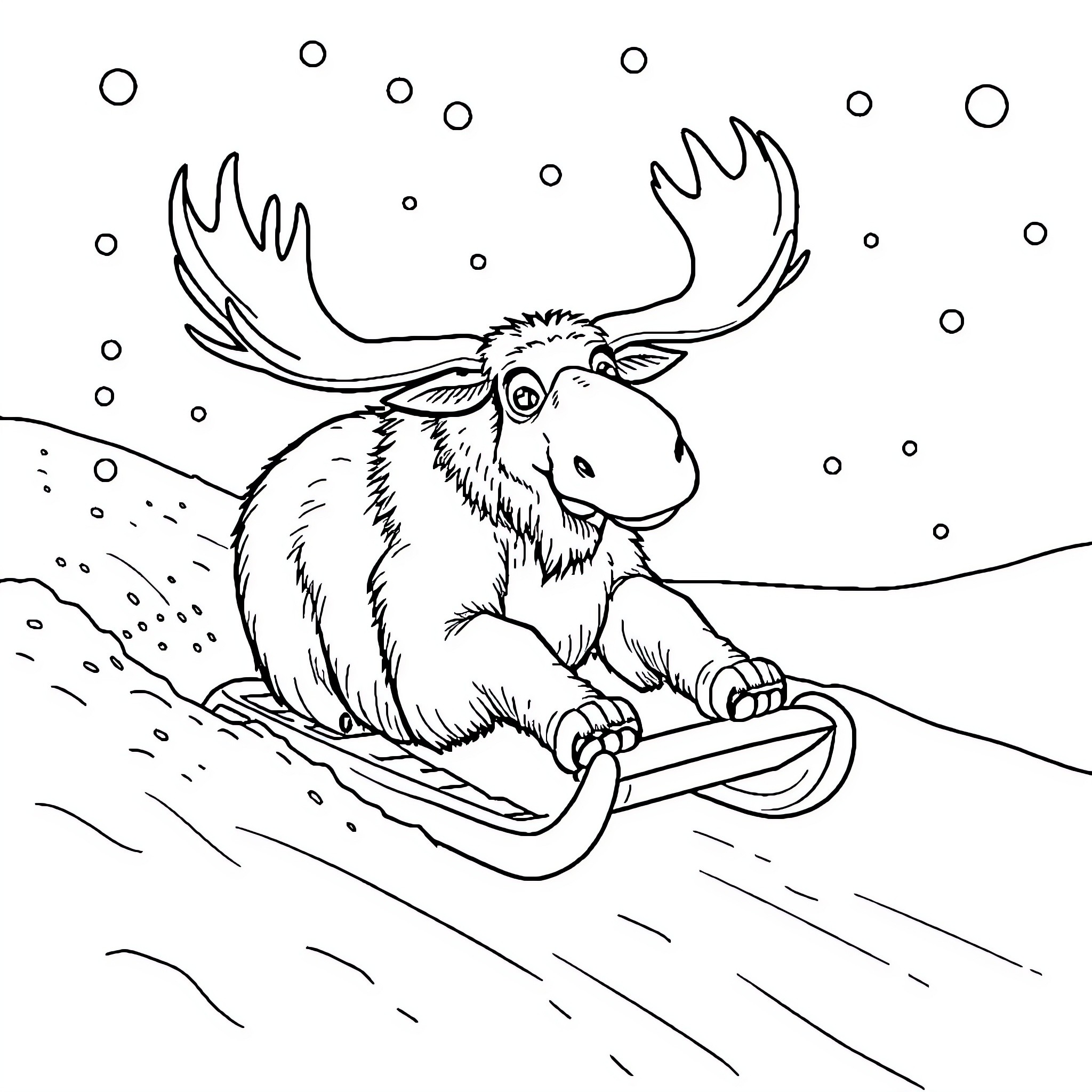Moose sledding joyfully through the snow Coloring Page (free black-and-white line drawing printable PDF for all, from beginners to advanced learners, including children, teens, adults, and seniors)