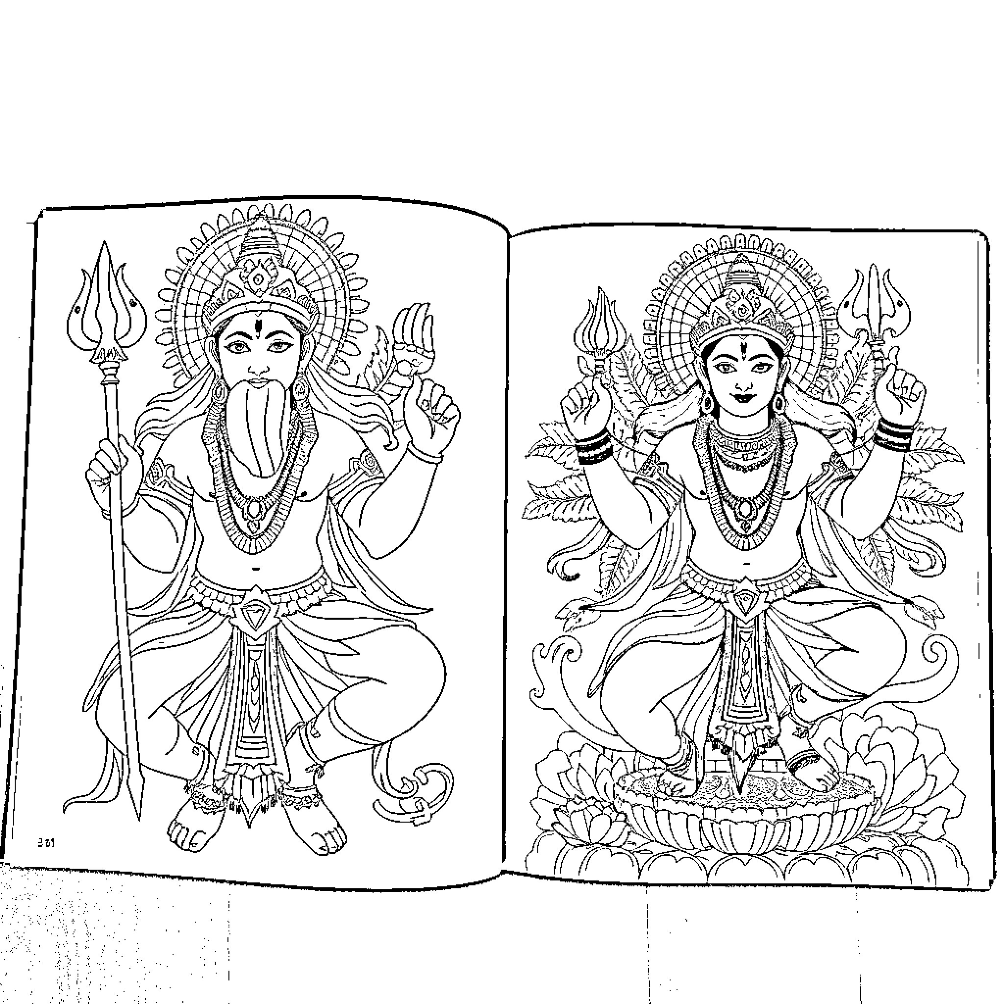 Indian Gods in Detailed Mythological Poses Coloring Page (free black-and-white line drawing printable PDF for all, from beginners to advanced learners, including children, teens, adults, and seniors)