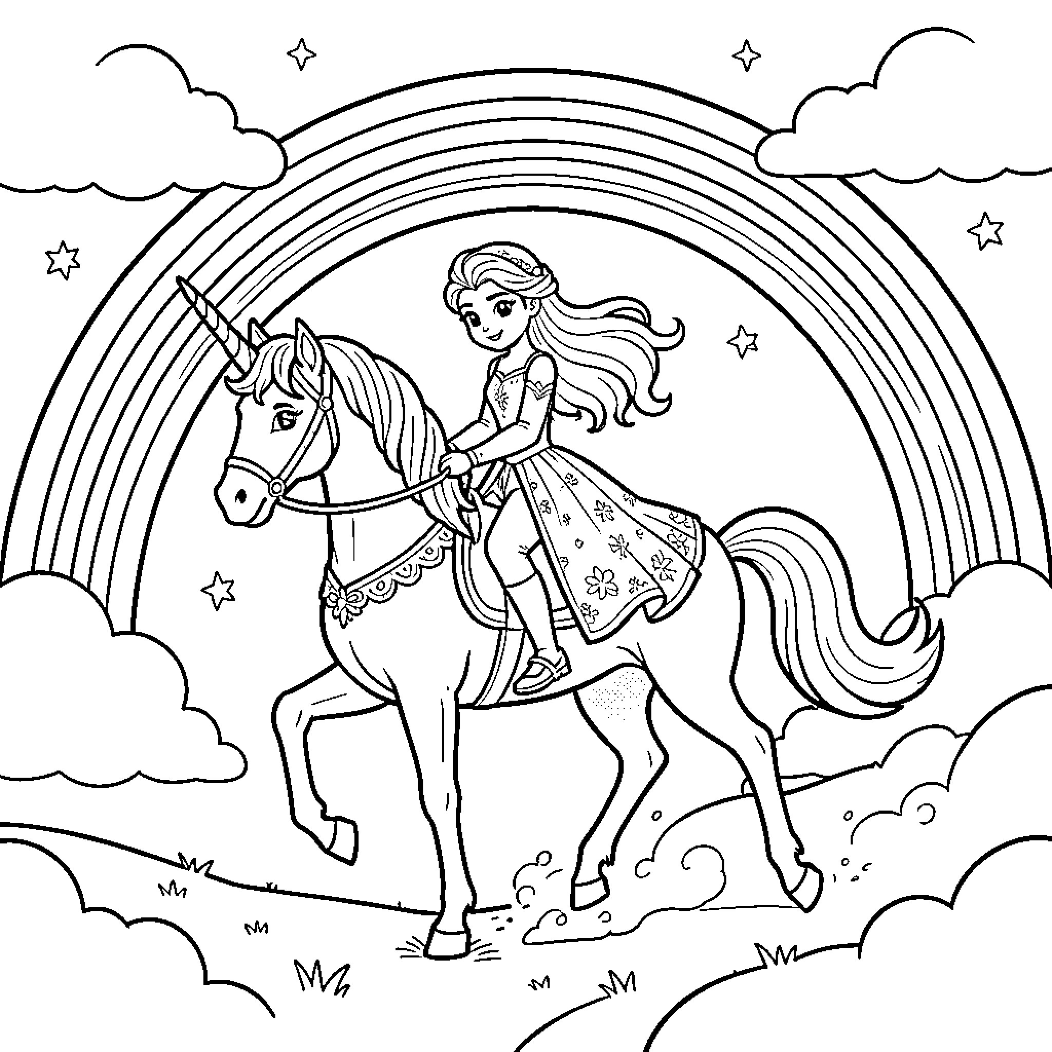 Elsa riding a unicorn under a rainbow Coloring Page (free black-and-white line drawing printable PDF for all, from beginners to advanced learners, including children, teens, adults, and seniors)