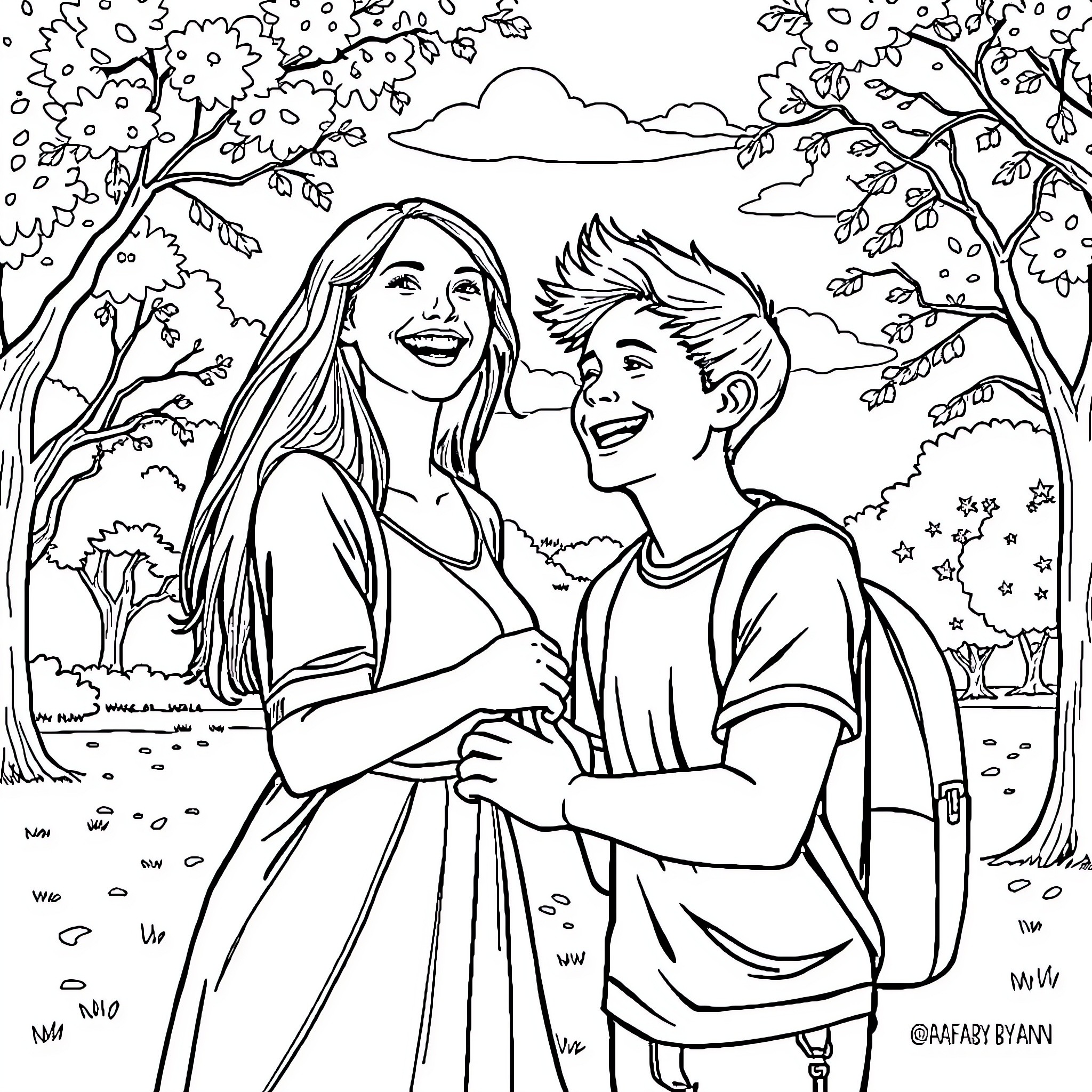 Melanie Ryan and her son in a serene outdoor setting Coloring Page (free black-and-white line drawing printable PDF for all, from beginners to advanced learners, including children, teens, adults, and seniors)