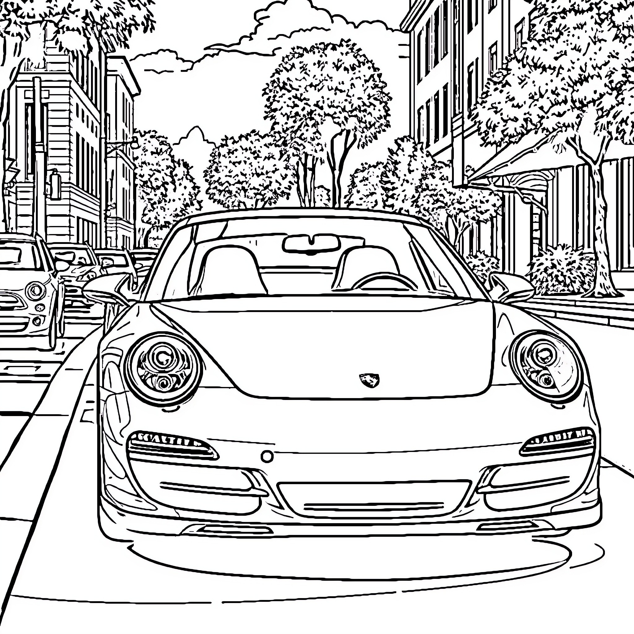 Porsche sports car parked on city street Coloring Page (free black-and-white line drawing printable PDF for all, from beginners to advanced learners, including children, teens, adults, and seniors)