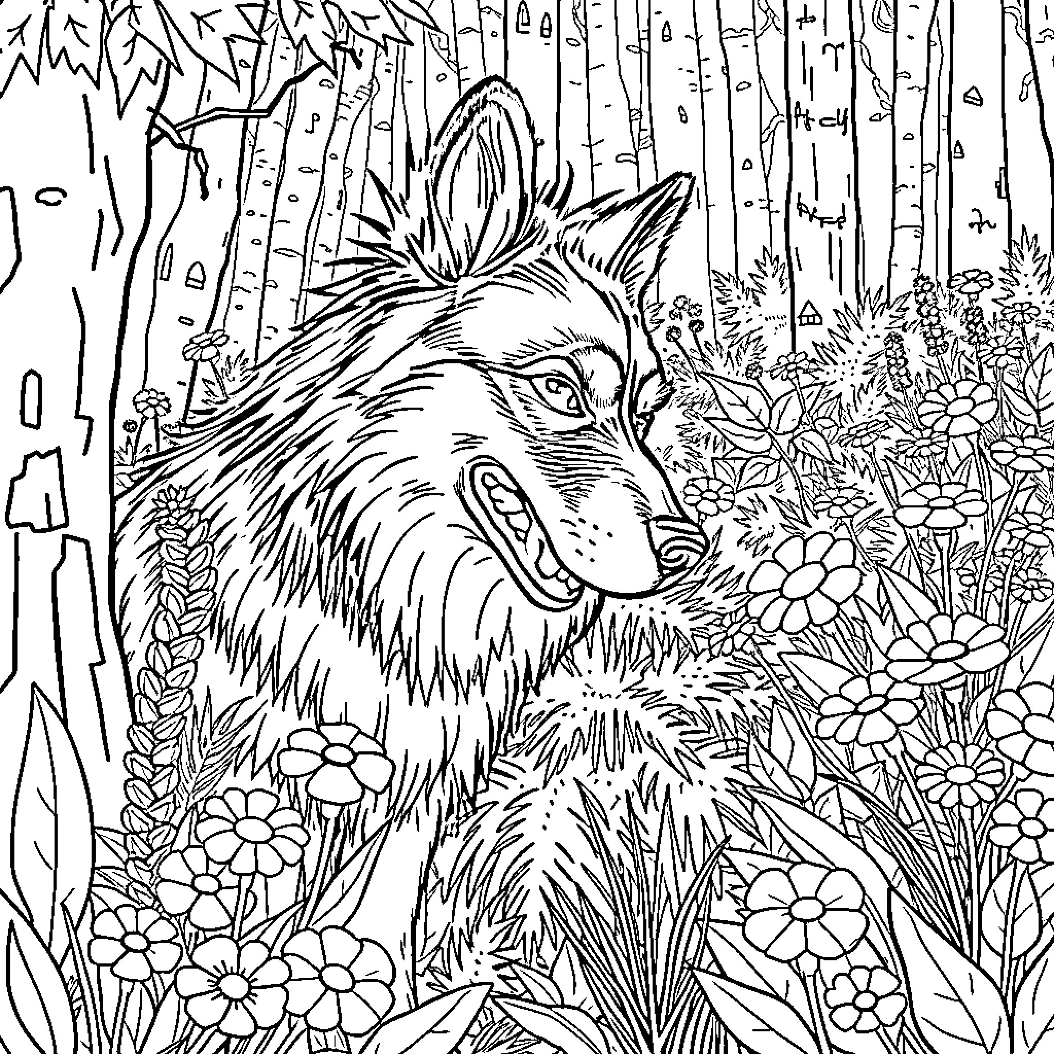 Eurasier in a Floral Forest Landscape Coloring Page (free black-and-white line drawing printable PDF for all, from beginners to advanced learners, including children, teens, adults, and seniors)