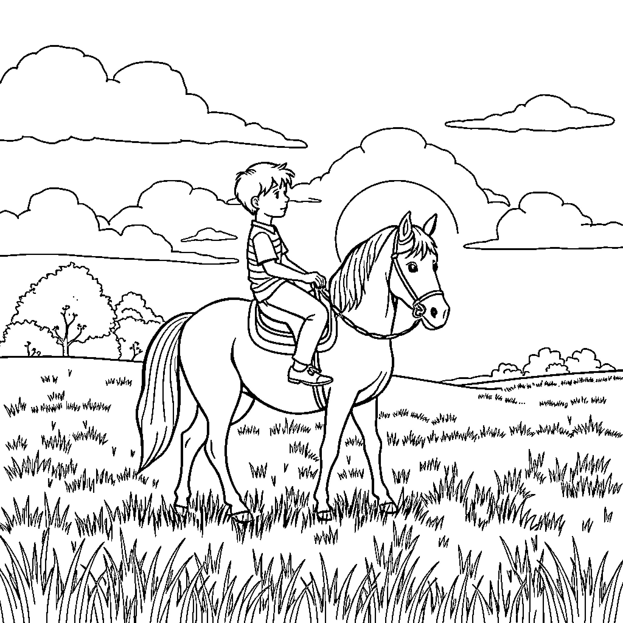 Horse Riding Through Scenic Countryside Landscape Coloring Page (free black-and-white line drawing printable PDF for all, from beginners to advanced learners, including children, teens, adults, and seniors)