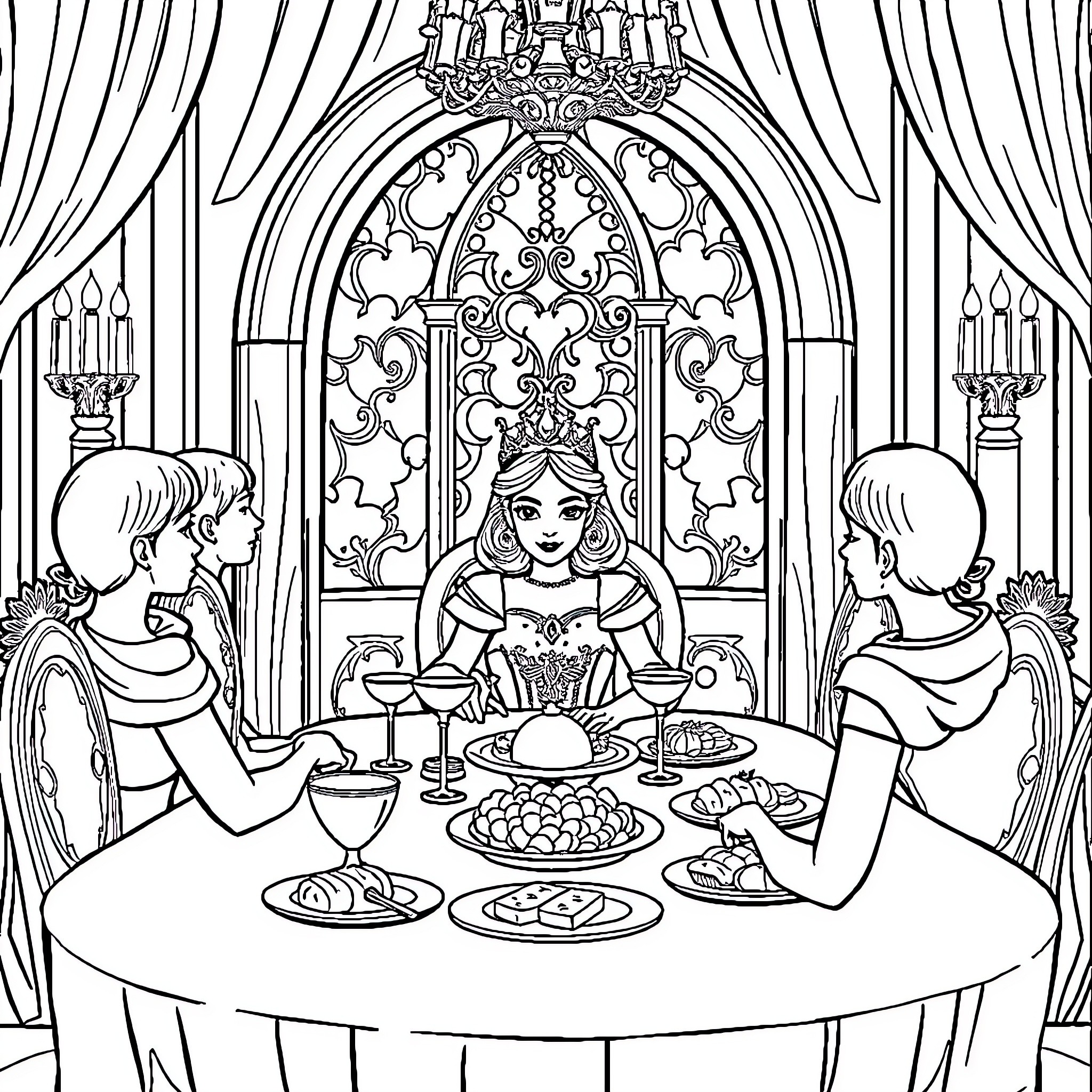 Princess enjoying a grand feast with nobility Coloring Page (free black-and-white line drawing printable PDF for all, from beginners to advanced learners, including children, teens, adults, and seniors)