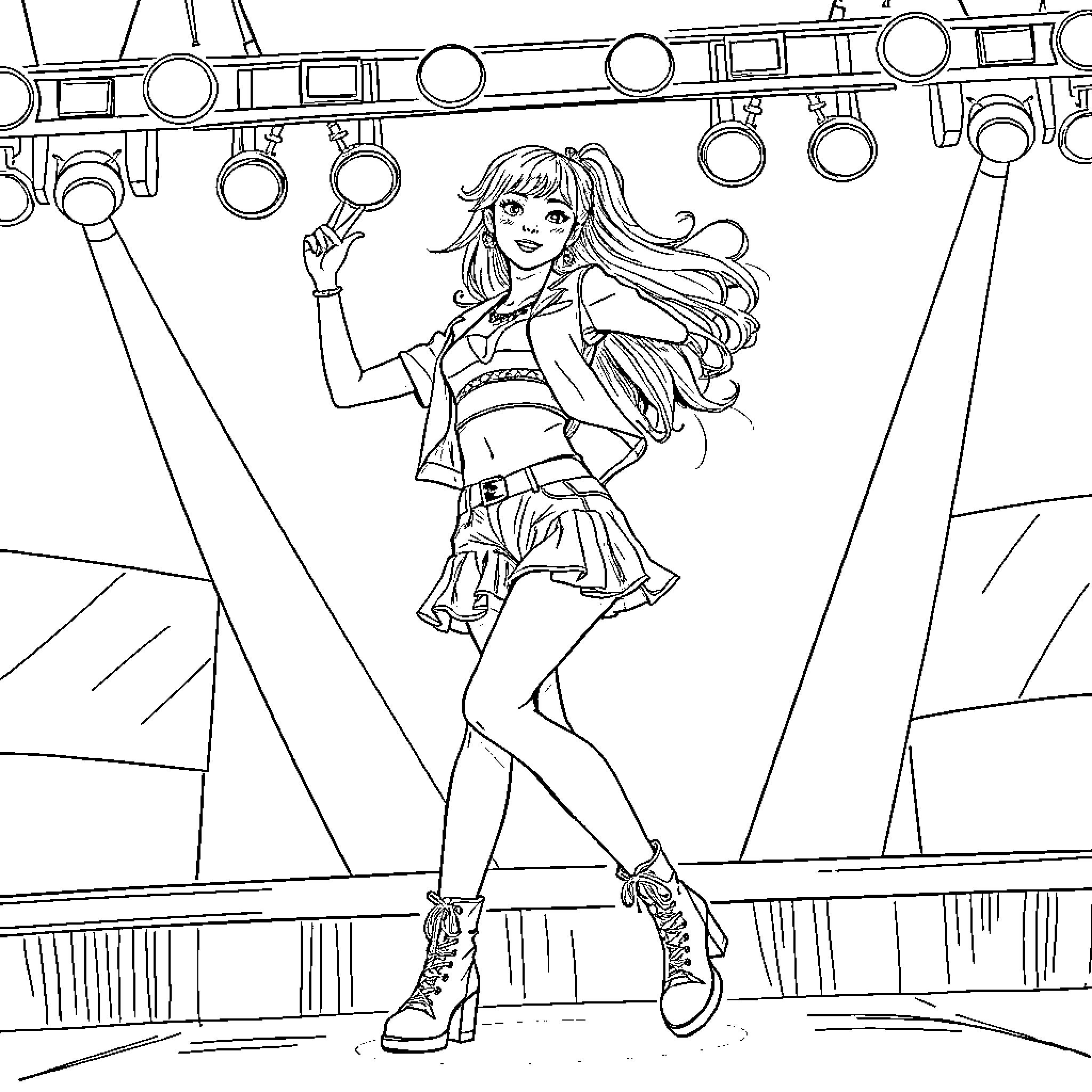 Zoey's Lively Stage Performance Coloring Page (free black-and-white line drawing printable PDF for all, from beginners to advanced learners, including children, teens, adults, and seniors)