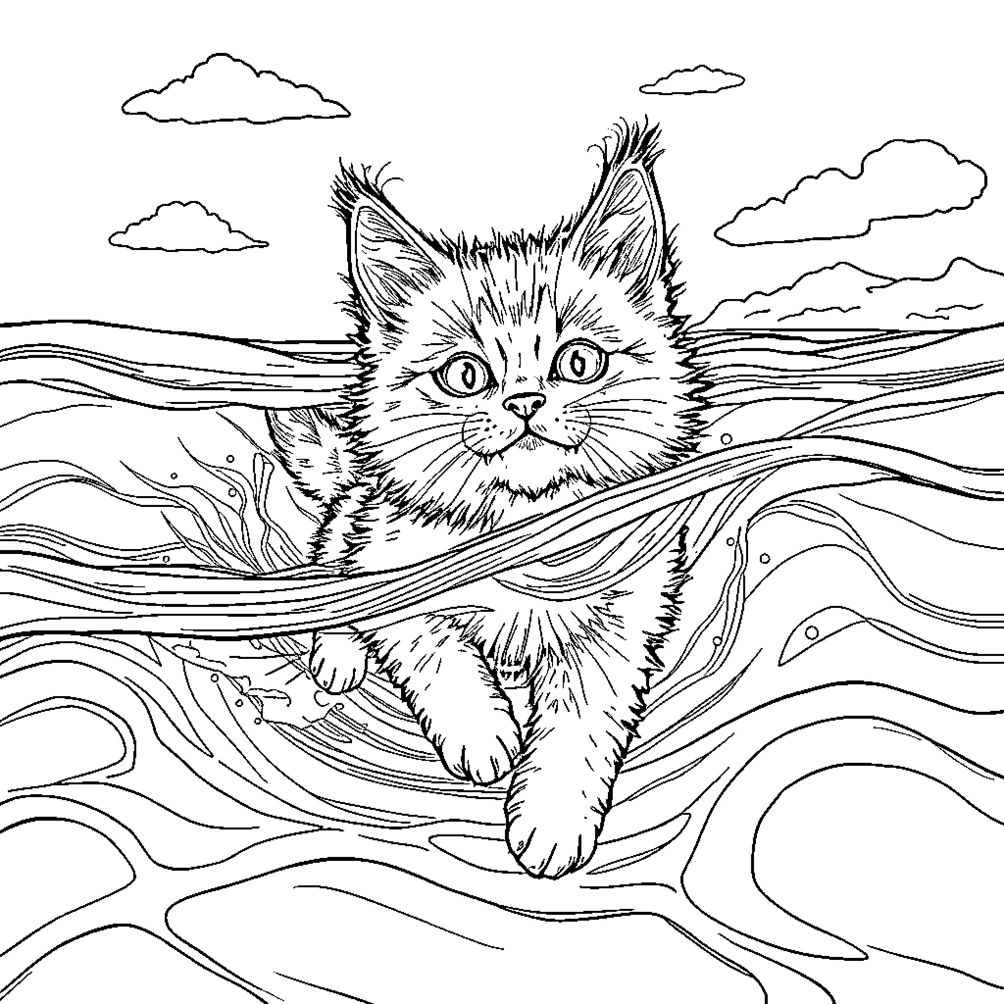 Cat peeking through foliage in nature Coloring Page (free black-and-white line drawing printable PDF for all, from beginners to advanced learners, including children, teens, adults, and seniors)