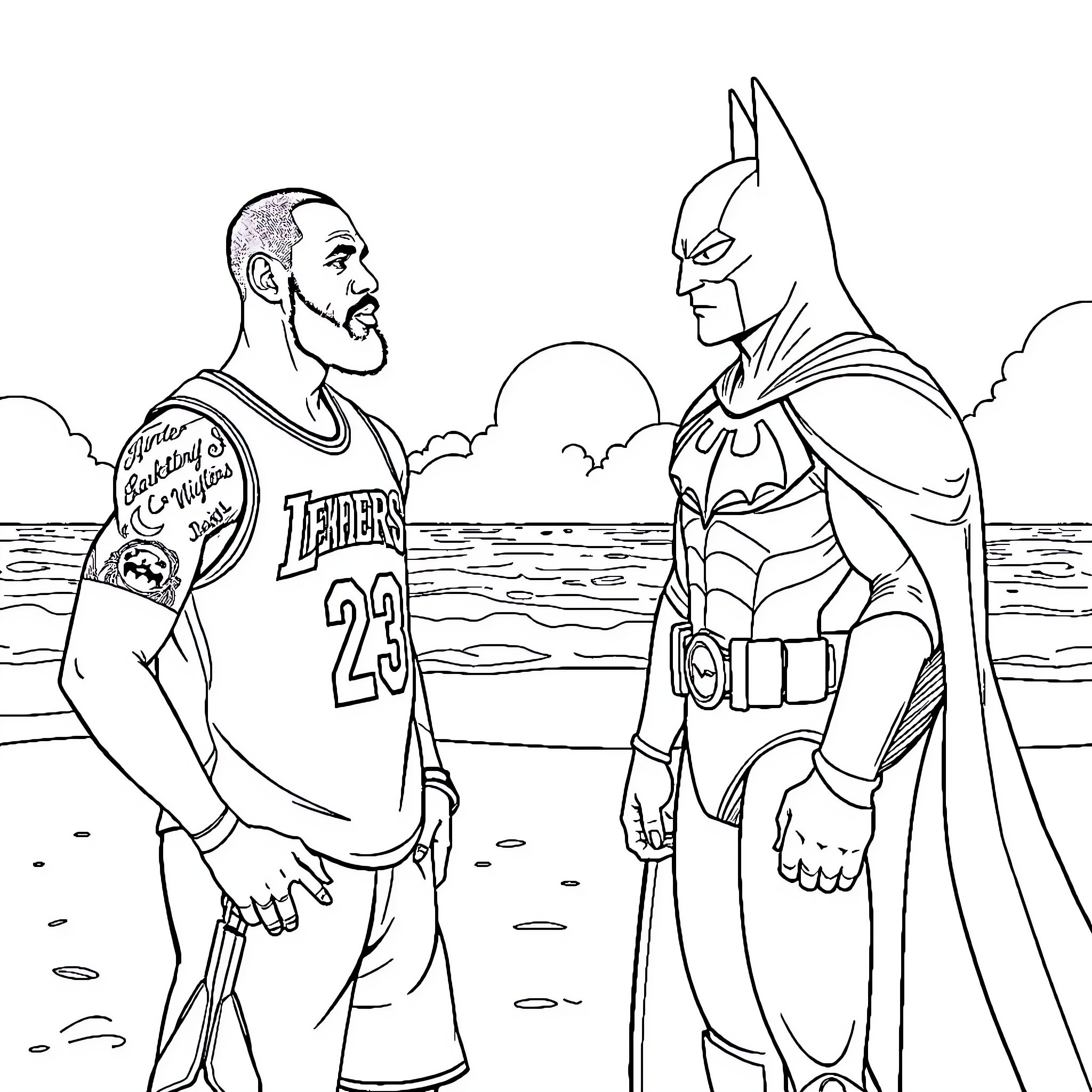 LeBron James and Batman converse on the beach Coloring Page (free black-and-white line drawing printable PDF for all, from beginners to advanced learners, including children, teens, adults, and seniors)