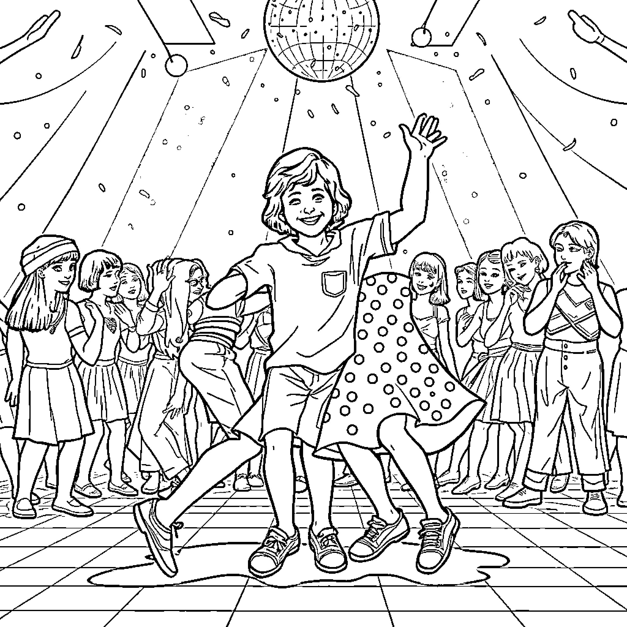 Eleven and Friends Celebrate with Disco Ball Coloring Page (free black-and-white line drawing printable PDF for all, from beginners to advanced learners, including children, teens, adults, and seniors)