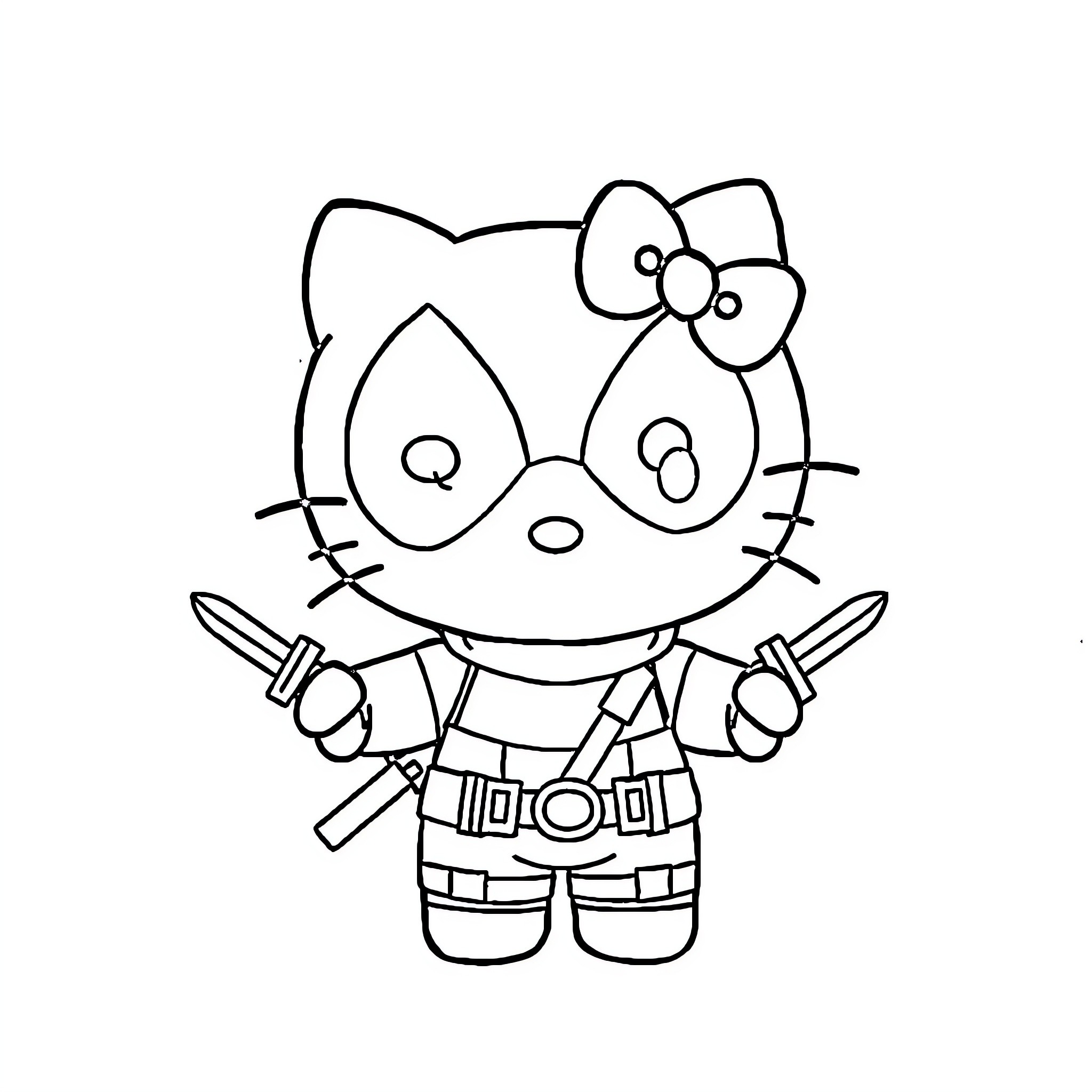 Hello Kitty dressed as a superhero Coloring Page (free black-and-white line drawing printable PDF for all, from beginners to advanced learners, including children, teens, adults, and seniors)