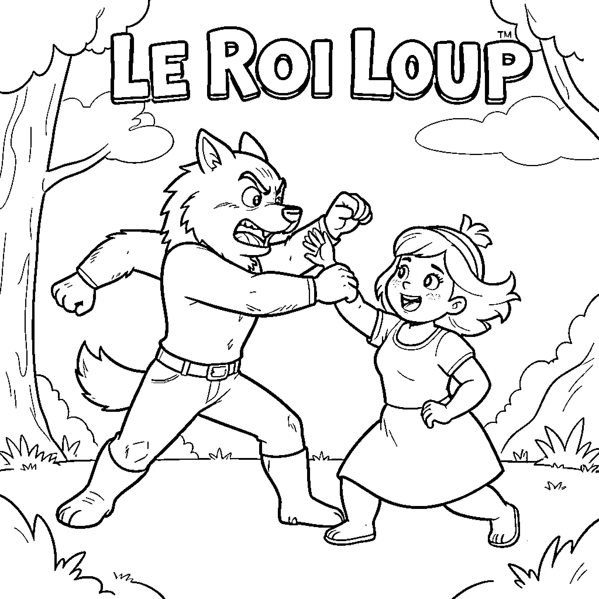 Drew a wolf and girl interacting playfully in nature Coloring Page (free black-and-white line drawing printable PDF for all, from beginners to advanced learners, including children, teens, adults, and seniors)