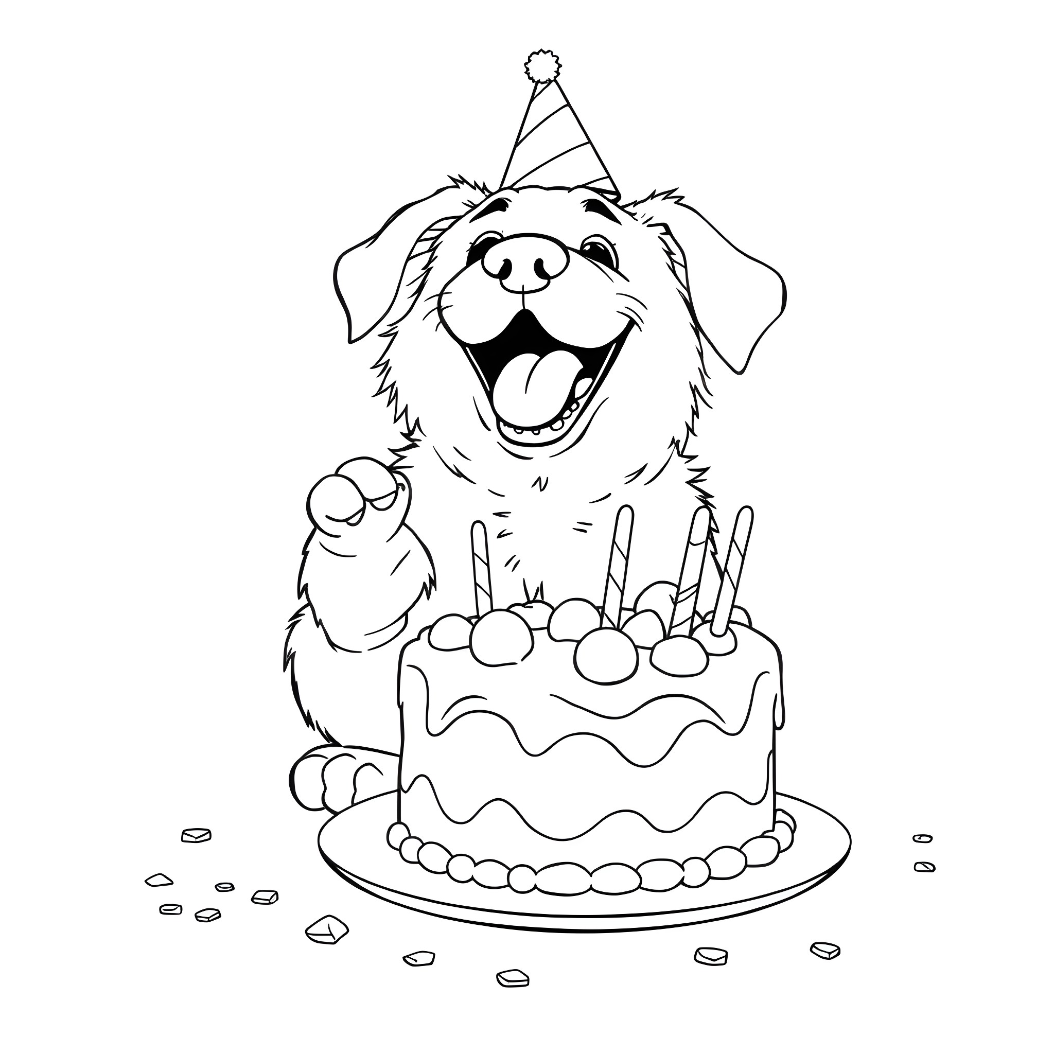 Dog Celebrates Birthday with Cake Coloring Page (free black-and-white line drawing printable PDF for all, from beginners to advanced learners, including children, teens, adults, and seniors)