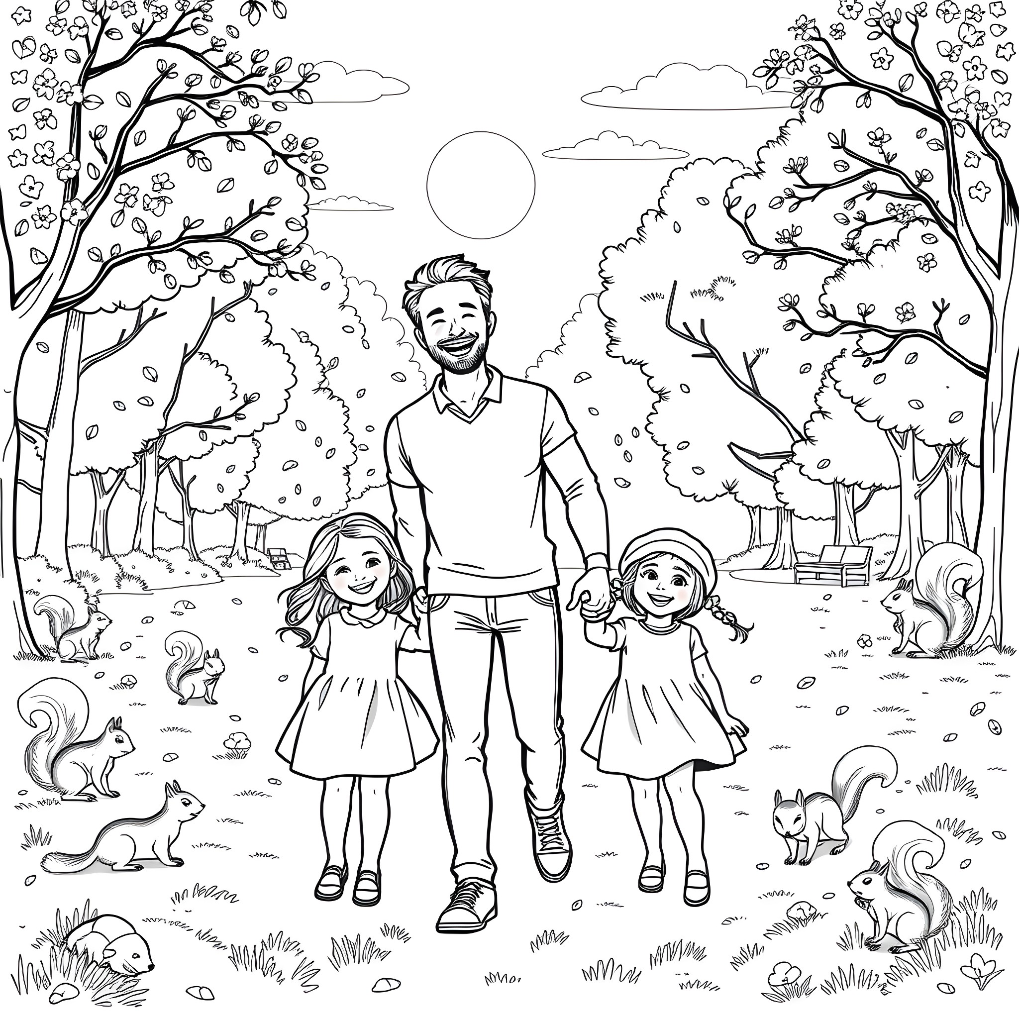 Dad enjoys a peaceful day outdoors with his daughters Coloring Page (free black-and-white line drawing printable PDF for all, from beginners to advanced learners, including children, teens, adults, and seniors)