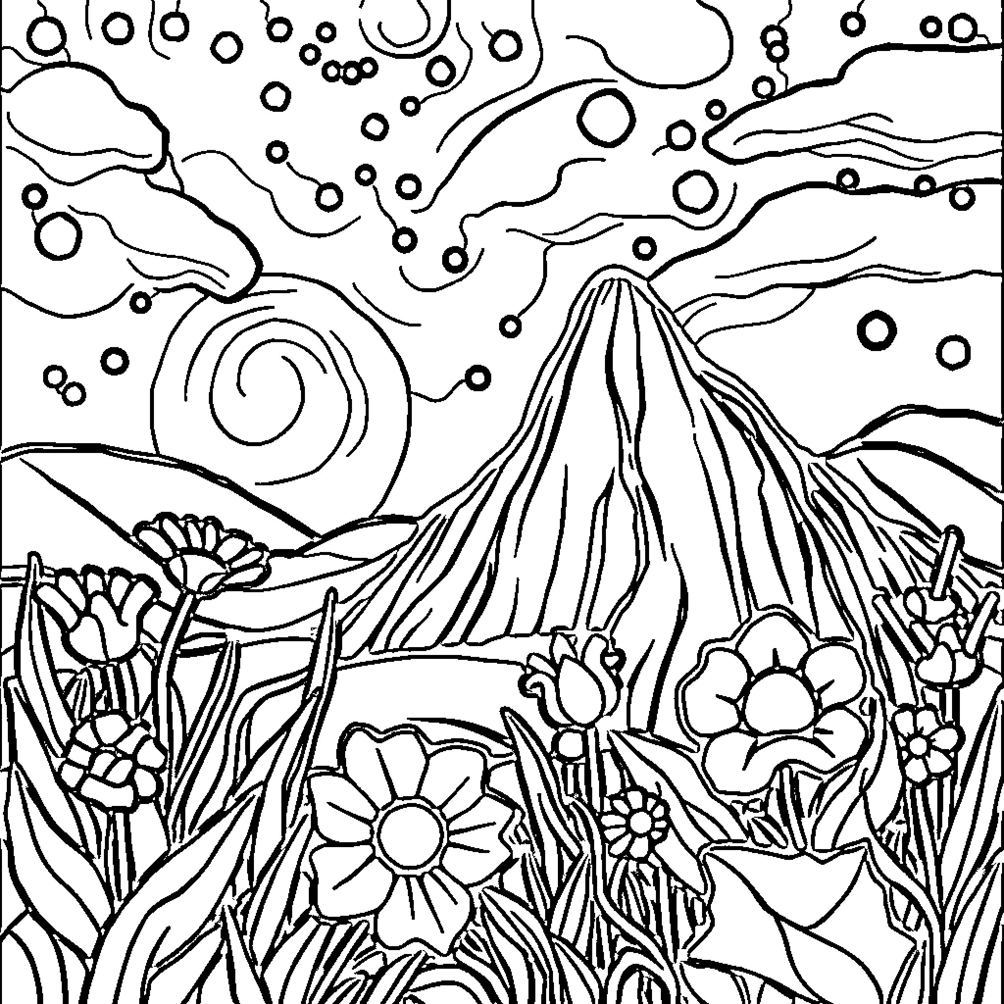 Color By Number Mystical Landscape with Flowers Coloring Page (free black-and-white line drawing printable PDF for all, from beginners to advanced learners, including children, teens, adults, and seniors)